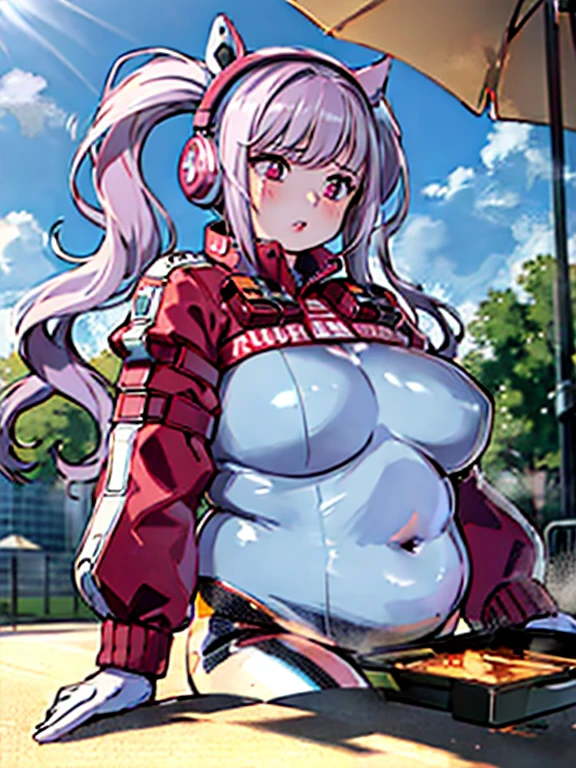 Best Quality, Masterpiece, Ultra High Resolution, (Realisticity: 1.9), Original Photo, obese 1Girl, Bare Shoulder, Close Up, Asian, Outdoor, Playground, Movie Lighting , bangs, bodysuit, breasts, covered navel, cropped jacket, gloves, headphones, impossible obese bodysuit, jacket, large breasts, long hair, long sleeves , medium breasts, parted lips, pink bodysuit, pink eyes, pink hair, puffy sleeves, red jacket, shrug \(clothing\), skin tight, solo, twintails,alice \(nikke\),(masterpiece:1.4),(best quality:1.4),(shiny skin),realistic