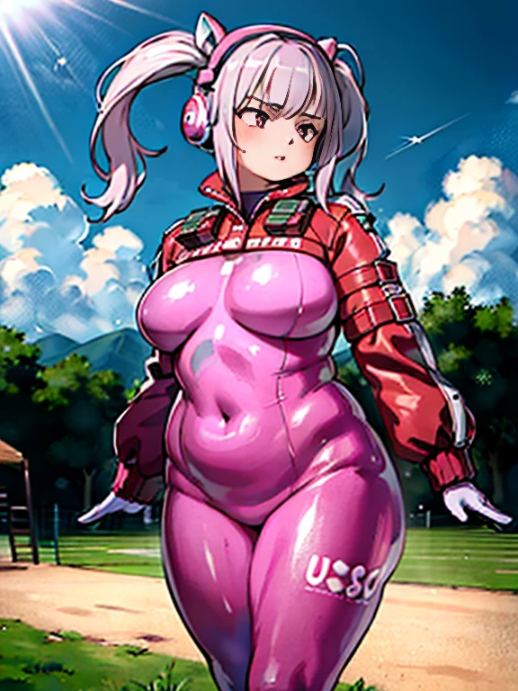 Best Quality, Masterpiece, Ultra High Resolution, (Realisticity: 1.9), Original Photo, obese 1Girl, Bare Shoulder, Close Up, Asian, Outdoor, Playground, Movie Lighting , bangs, bodysuit, breasts, covered navel, cropped jacket, gloves, headphones, impossible obese bodysuit, jacket, large breasts, long hair, long sleeves , medium breasts, parted lips, pink bodysuit, pink eyes, pink hair, puffy sleeves, red jacket, shrug \(clothing\), skin tight, solo, twintails,alice \(nikke\),(masterpiece:1.4),(best quality:1.4),(shiny skin),realistic