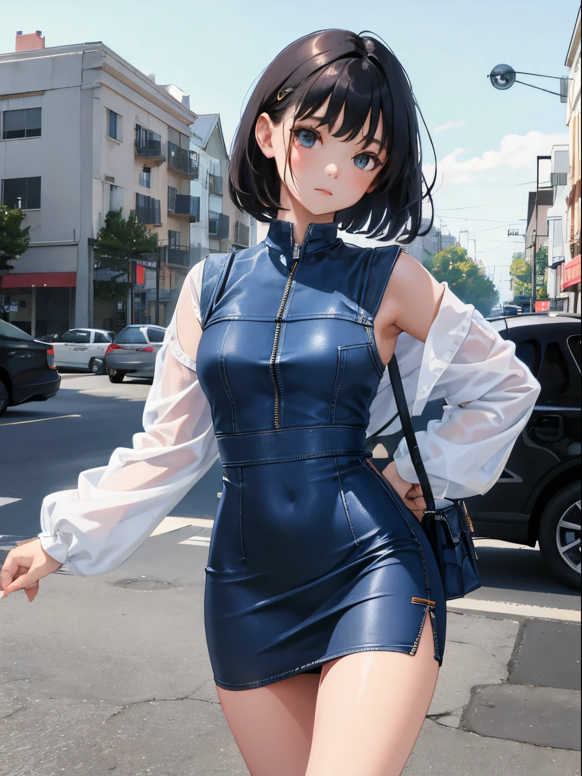 (child),(masterpiece,Highest Quality),(denim zip up dress:1.4),pencil skirts,shortsleeves,A dark-haired,outside of house