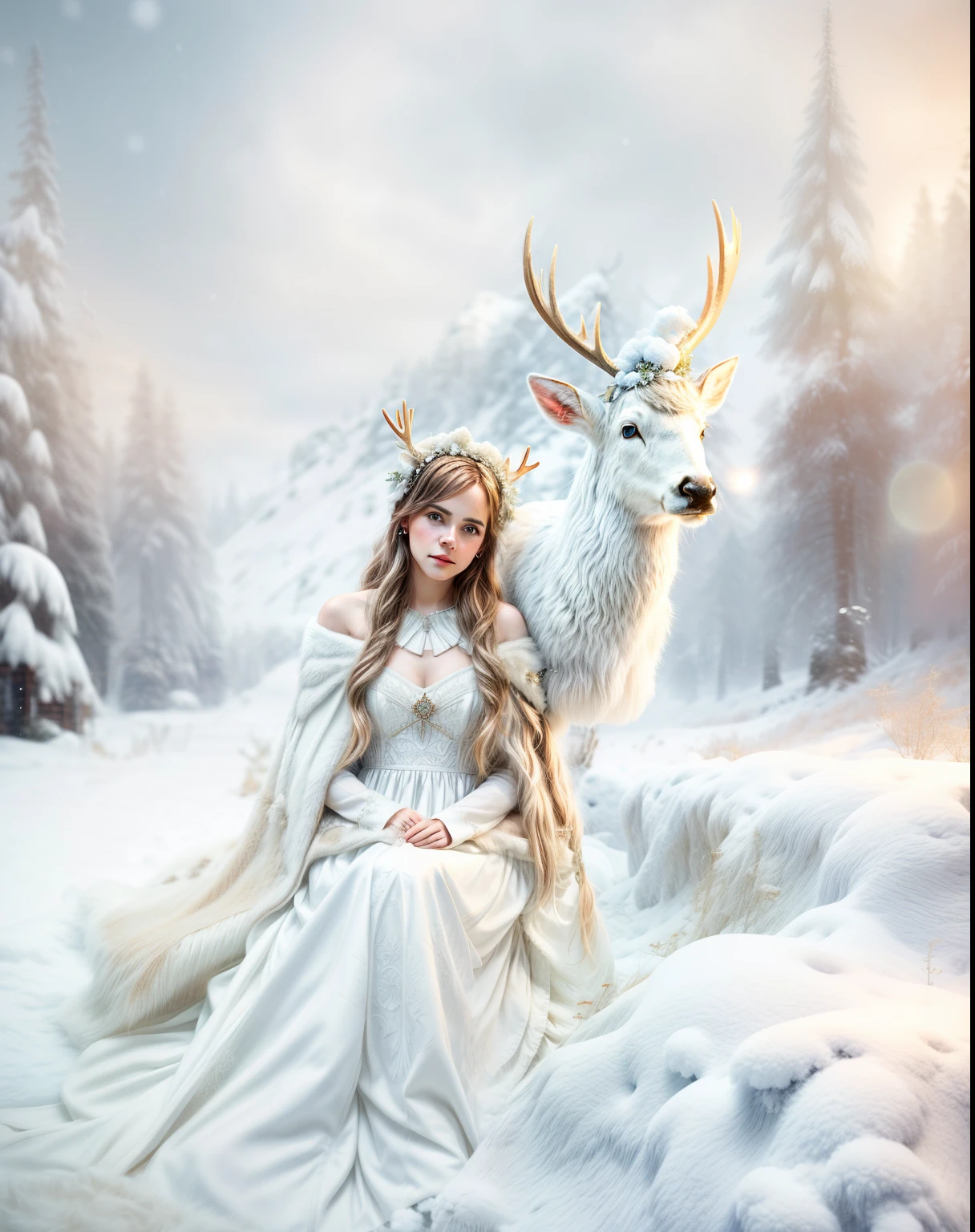 (Girl sitting in white++++++ dress with reindeer in the snow), (((((a cape made of deer skin falls from the shoulder into the foreground+++++))))), ((((turns smoothly into a snowdrift )))))), (put the deer's head on its side+++), (((graceful horns on the head))), Fantasy photography, fantasy matte painting, ((((Volume++)))), lost in a dreamy fairy landscape, The White Witch, Young woman with horns, beautiful nordic woman, with white deer, Realistic fantasy, photograph of pale ivory skin, Monia Merlo Placeholder Image, emma watson as the queen of ice