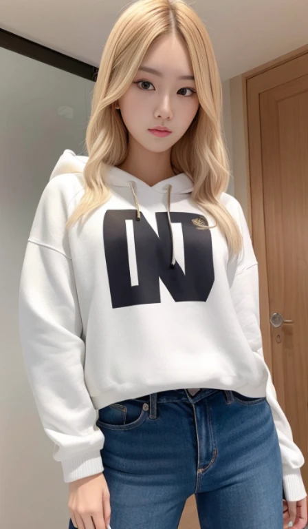 (Best Quality, in 8K, 32K, masutepiece, nffsw:1.3),Photos of gorgeous Korean women, Pottery muscle,White skin,A 23-year-old girl,Blonde longhair: 1.1, (Upper and lower sweatshirts,parka: 1.1), Photography Studio, Ultra-detailed face, Detailed eyes, Single eyelid,Hanging,Long and impressive eyes,Strong eyes,strong nose,Strict atmosphere,Proud expression,Bullish look,cool,provocation,Confident home,reckless,manly,smart,tall