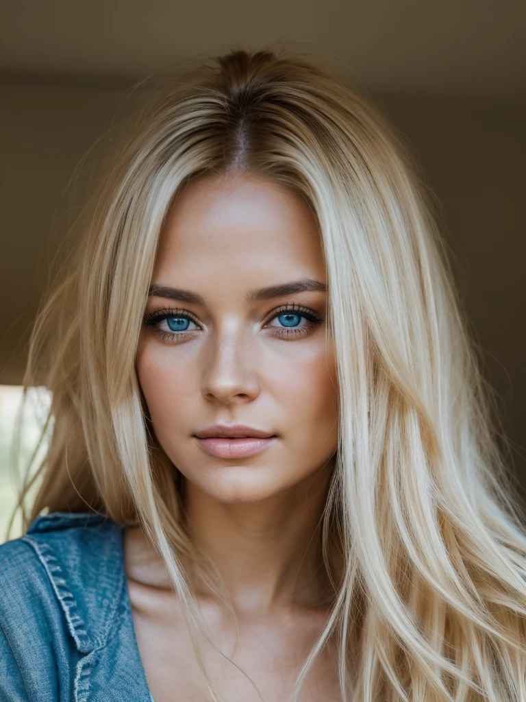 Photorealistic of a insanely beautiful woman with blonde windy messy hair, in the style of panasonic lumix s pro 50mm f/1.4, light beige and dark azure, celebrity images mashups, soft realism, barbiecore, unreal engine 5, 32k uhd, luminous quality, swiss realism, niji 5