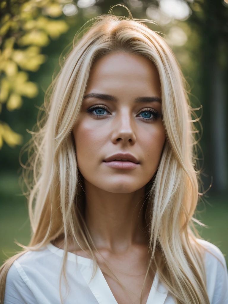 Photorealistic of a insanely beautiful woman with blonde windy messy hair, in the style of panasonic lumix s pro 50mm f/1.4, light beige and dark azure, celebrity images mashups, soft realism, barbiecore, unreal engine 5, 32k uhd, luminous quality, swiss realism, niji 5