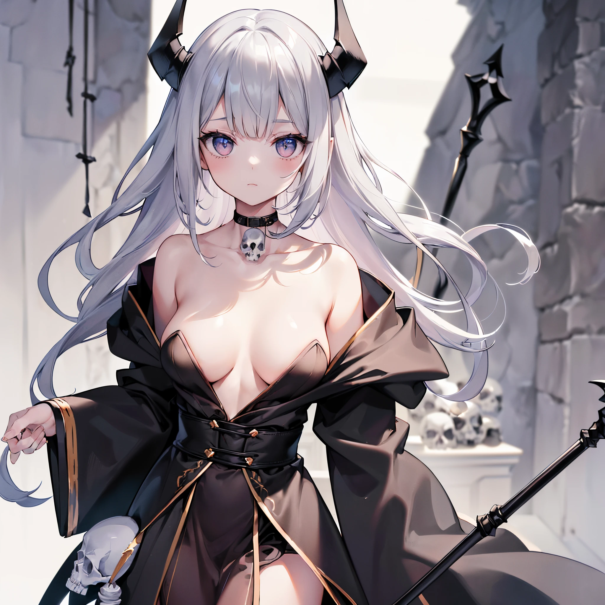 (8K, Best quality at best, tmasterpiece:1.2),\(Eyes detailed\),\(facial feature\),(\(Clothes detail details\)\),The upper part of the body(sface focus) ,Very detailed CG unified 8k wallpaper,hugefilesize,ultra - detailed,A high resolution,hoang lap,beautidful eyes,ray traycing,Dramatic shadows,Detailed pubic hair,dramatic angles,hyper-detailing,(1 girl:1.3),(Alone),,(change:1.2),Flaxen yellow hair,gray eyes,Long pointed ears,A Necromancer,thin and small,little breast,flat chest,The faintly visible collarbone,vaguely visible ribs,(Wearing a large black hooded cloak:1.2)+(Gray mage robes:1.2),fitted robe.Holding skull scepter in hand,(The Skull Mace consists of a wooden cane and a human skull attached to the arm of the cane.:1.3)