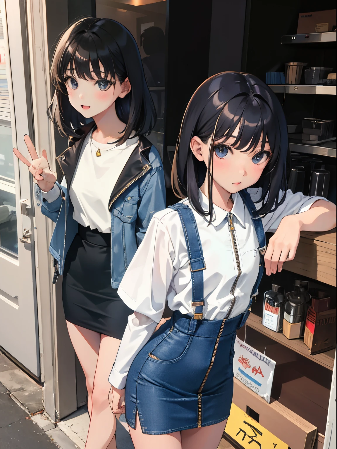 (child)，（​masterpiece，Highest Quality），（denim zip up dress:1.4），pencil skirts，shortsleeves，A dark-haired，outside of house