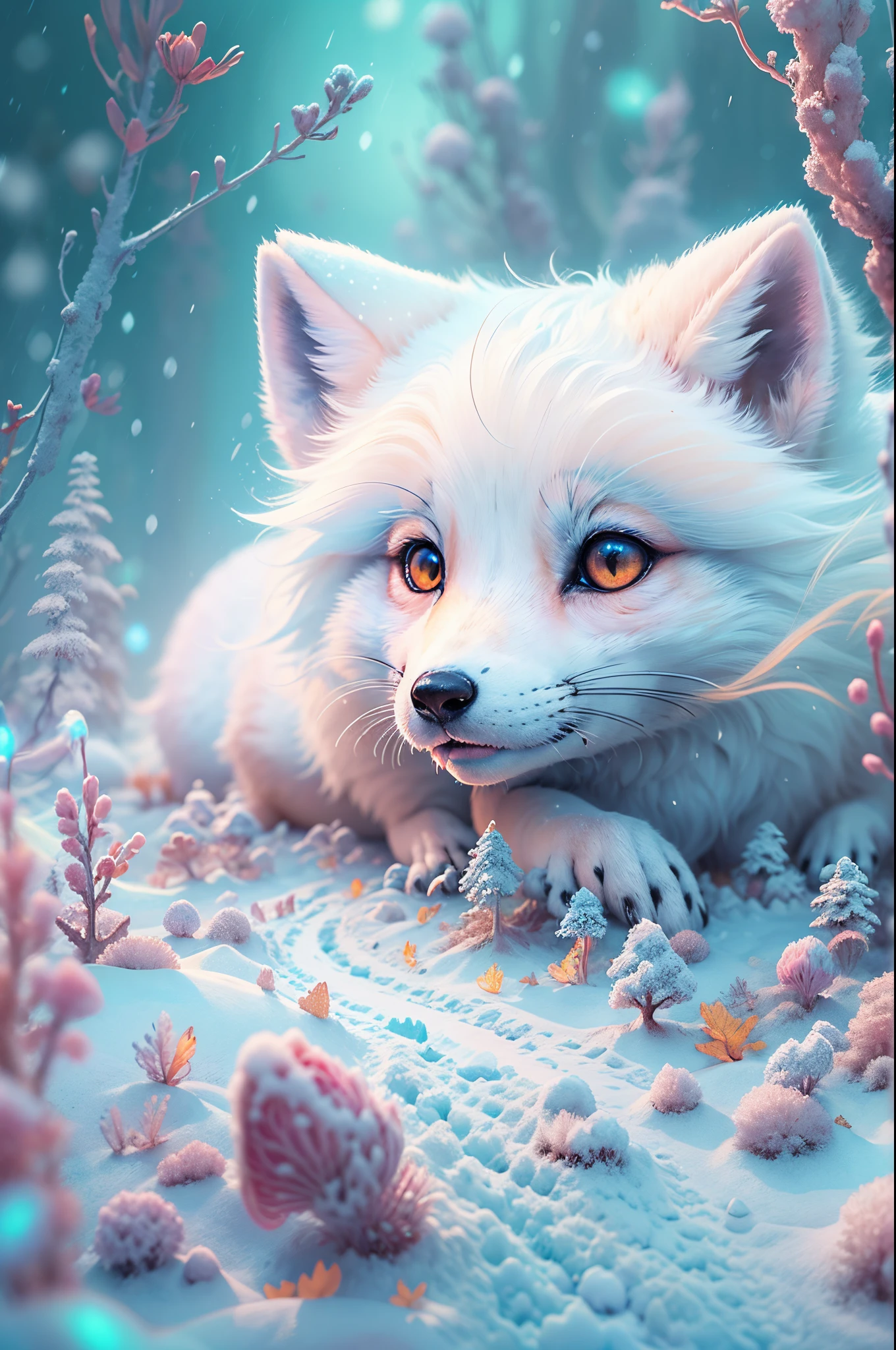 (Best quality at best, 8K, A high resolution, tmasterpiece:1.2), ultra - detailed, (actual, realistically, realistically:1.37), Vibrant colors, magical ambiance, Whimsical, ((1 cute arctic snow fox, Roll and play in the extremely beautiful snow,It's snowing,snowflower,White snow)), Surreal, Psychedelic, Complicated details, Beautiful texture, Ethereal, like a dream, soft luminescent glow, Charming Patterns, fantastical creature, Hidden surprises, Fantastic snowscape, Surreal color palette, Mystic aura, ultra-realistic realism, Enchanting journey, psychedelic trip, vivid imagination, immersive experience, mysterious creature, otherworldly charm, glowing paths, Lighting up the snow in the arctic forest, surreal sky, whimsical scenery,, A magical encounter in the snow, Charming snow art