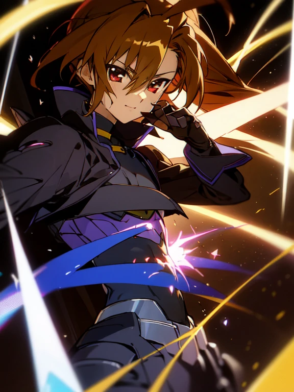 (Dark skin otokonoko), cute,(1 boy) very long dark brown hair, red eyes, (flat chested) wearing (Magical Girl Lyrical Nanoha StrikerS: Vivio Takamachi black barrier jacket black armoured bodysuit), black gauntlets, cute smile, close up, Magic crystal,