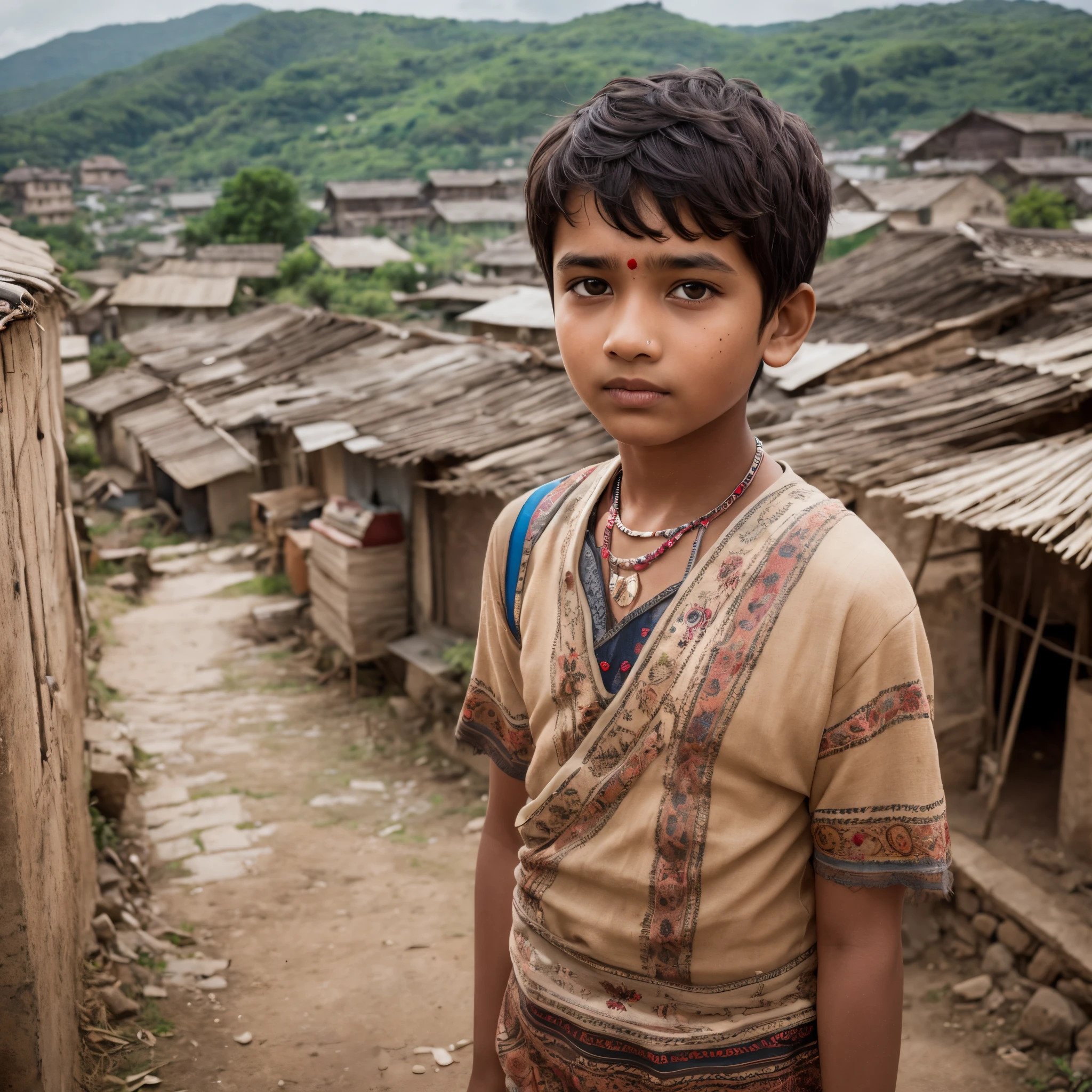 young indian confident 10 year old village boy standing in village surrounded by villagers, realistic --auto --s2