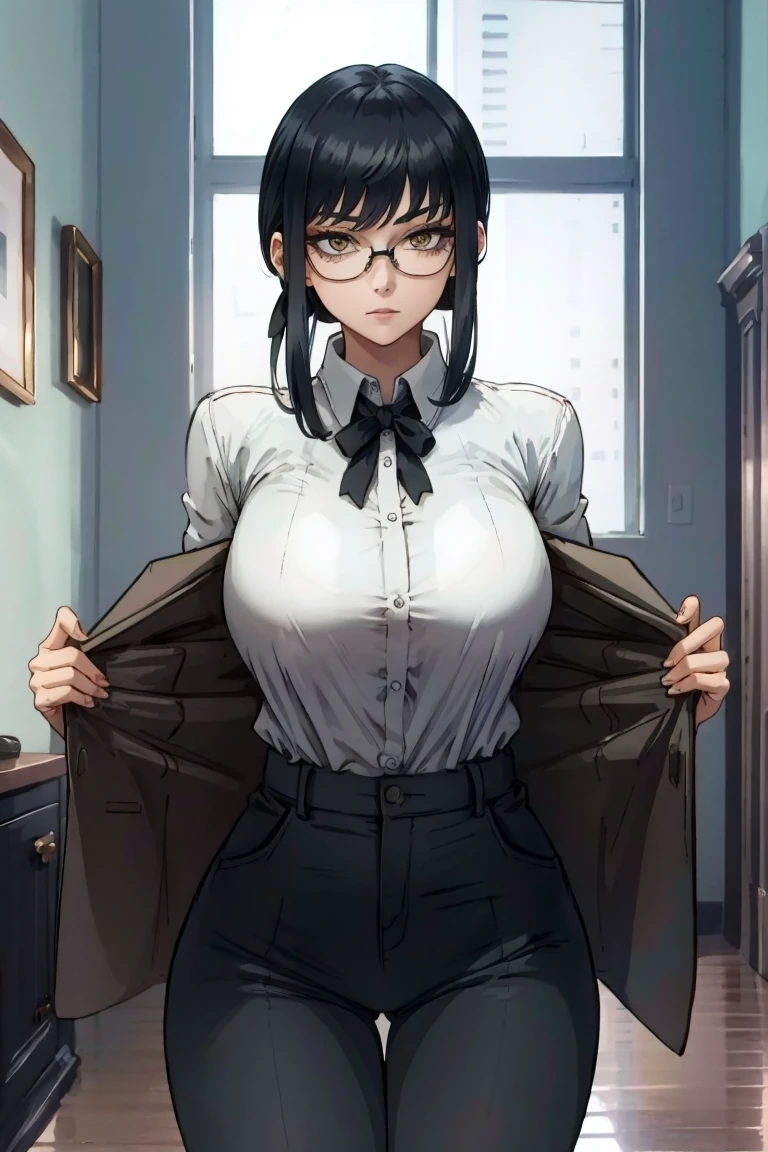 (masterpiece:1.2, best quality:1.2, beautiful, high quality, highres:1.1, aesthetic), detailed, extremely detailed, ambient soft lighting, 4K, perfect eyes, perfect face, makima, perfect lighting, solo, 1girl, tactile hair, black hair, Glasses, collared shirt, black tie, black pants, big tits, big ass, wide hips, ass, looking at viewer.