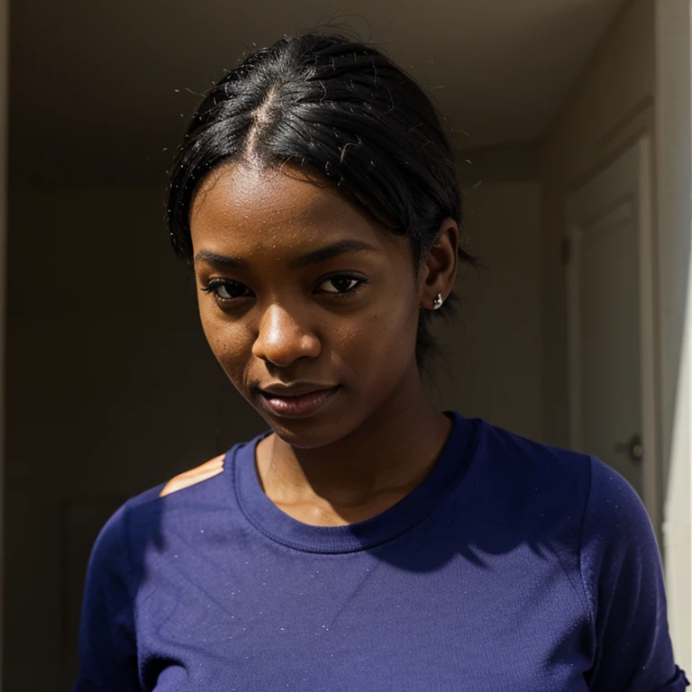 Stunning African American female, full lips, wide nose, big breasts wearing a t shirt