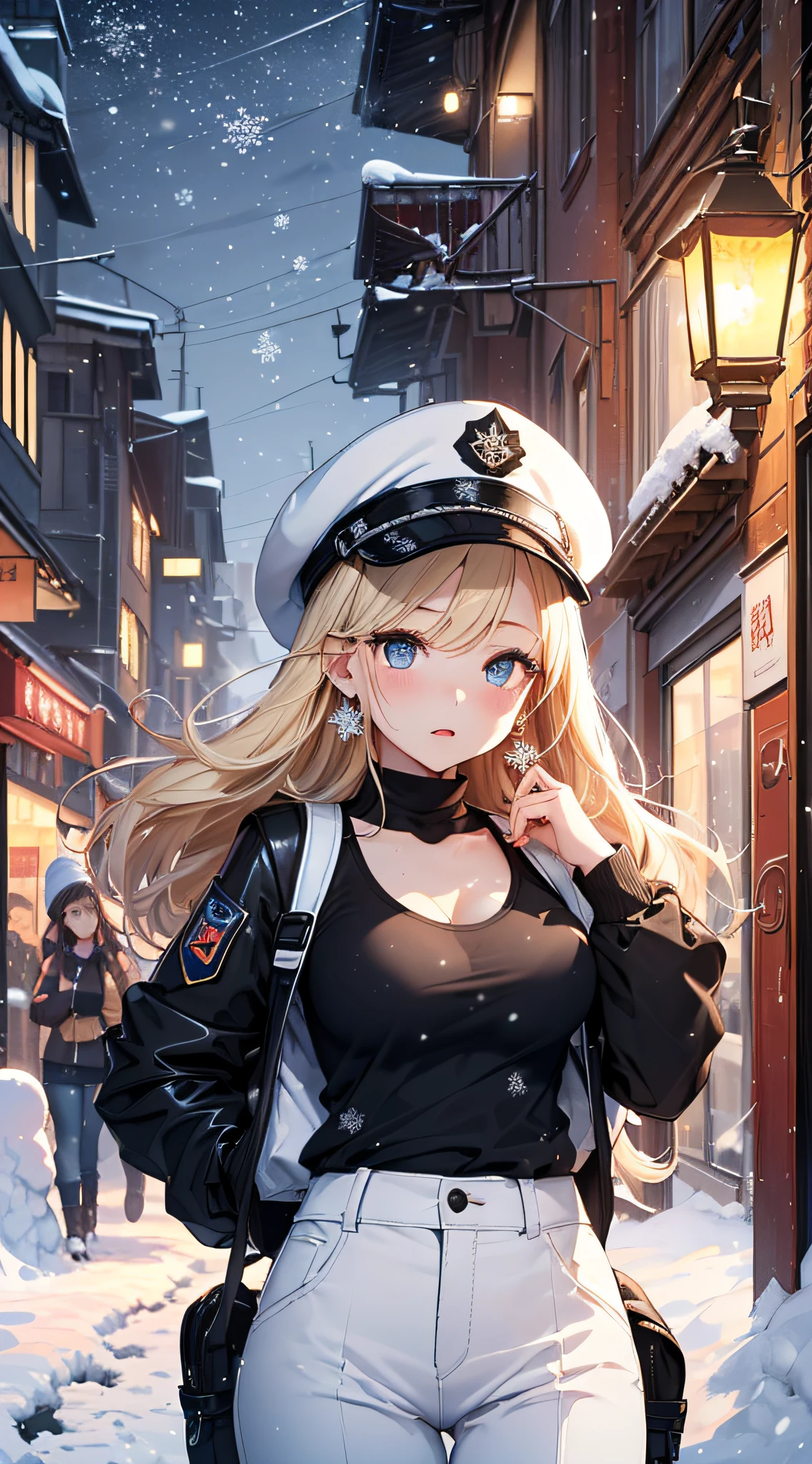 top-quality、Top image quality、​masterpiece、girl with((Black jacket、Blue tank top、White trousers、sixteen years old、teen ager、cute little、Best Bust、big bast,Beautiful light blue eyes、Breasts wide open, a blond、A slender,Large valleys、belligerent movements,military backpack、dye one's cheeks red、shivering、sapphire earrings、exhale white、Hats、holding lantern、close range)),hiquality、Beautiful Art、Background with((Ice Burn City at night、snowflakes falling、Heavy snow falls)))、masutepiece、depth of fields,8K
