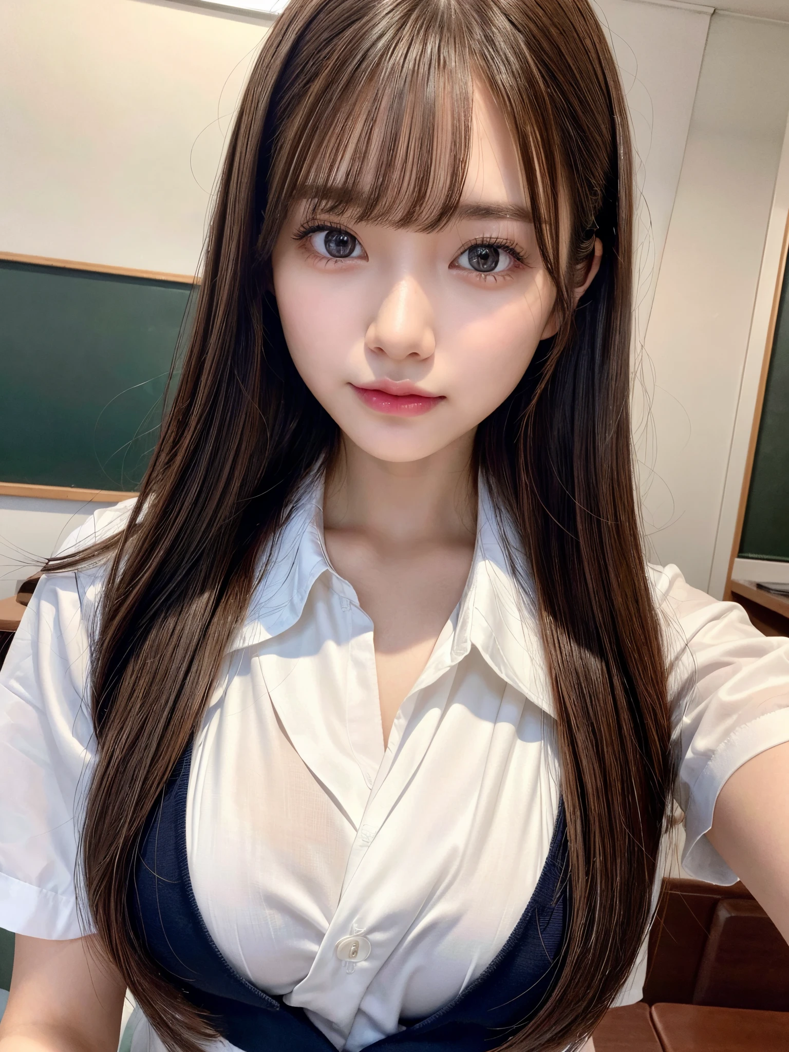 8K,Best Quality, masutepiece, ultra-detailliert, 超A high resolution, Photorealistic, Raw photo, absurderes, absolutely resolution, 1girl in, Looking at Viewer,a Japanese young pretty woman, hyper cute face, Glamorous figure, Huge breasts,Long bob hair,Smile,(School uniform:1.3),detailed eyes,she is changing in her room.:1.1),Glossy lips, Double eyelids in both eyes, Natural makeup, Glossy smooth light brown long bob hair, asymmetrical bangs, Shiny skin, central image, High resolution, high detailing, detailed hairstyle, Detailed face, spectacular movie lighting, Octane Rendering, Vibrant, Hyper realistic, Perfect limbs, Perfect Anatomy