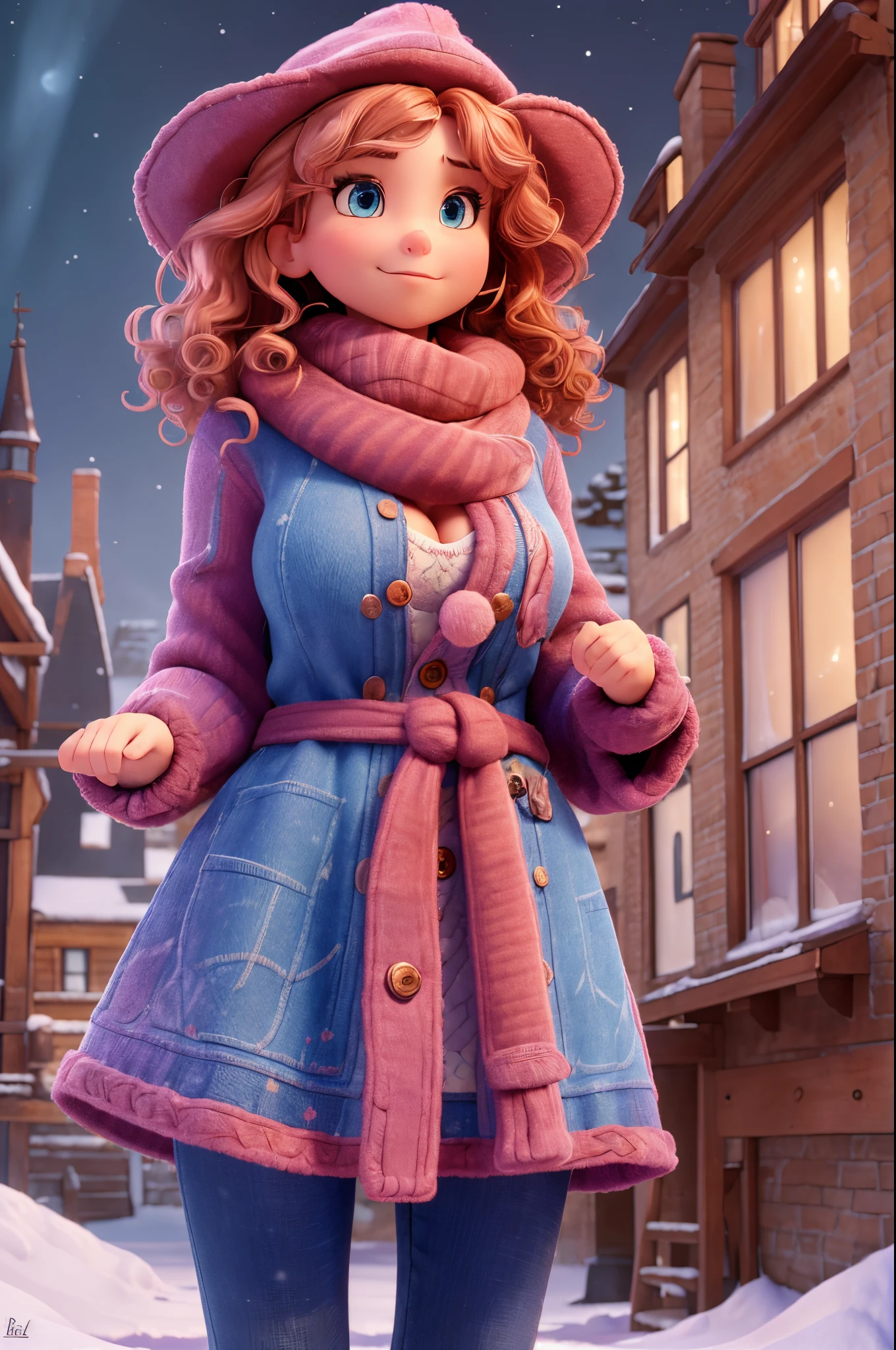 (best quality,4k,highres,masterpiece:1.2),ultra-detailed,realistic:1.37, HDR, vivid colors,studio lighting, sharp focus,extreme detail description,full body, professional, portraits, landscape, photography, winter, snow, making snowwoman, pink curly hair, blue eyes, red cheeks, winter coat, hat , large tits , large cleavage  ,mittens ,looking up at the night sky
