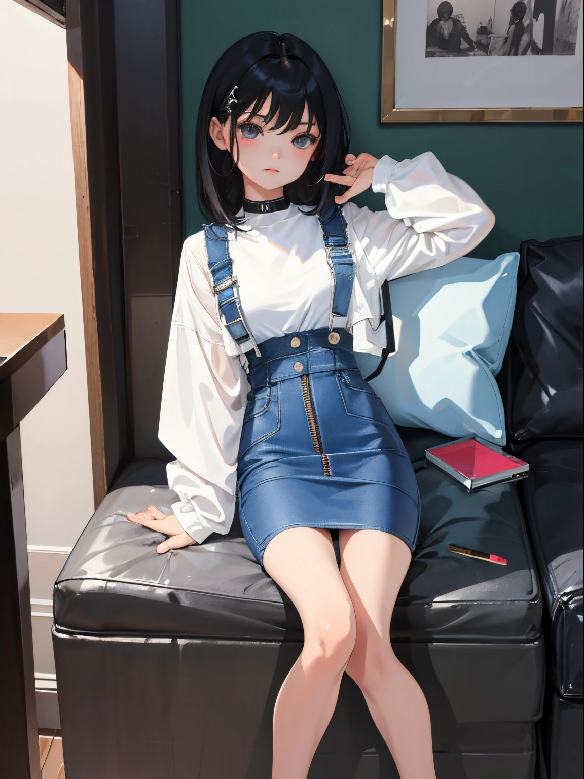 (child),(masterpiece,Highest Quality),(denim zip up dress:1.4),pencil skirts,shortsleeves,A dark-haired,outside of house