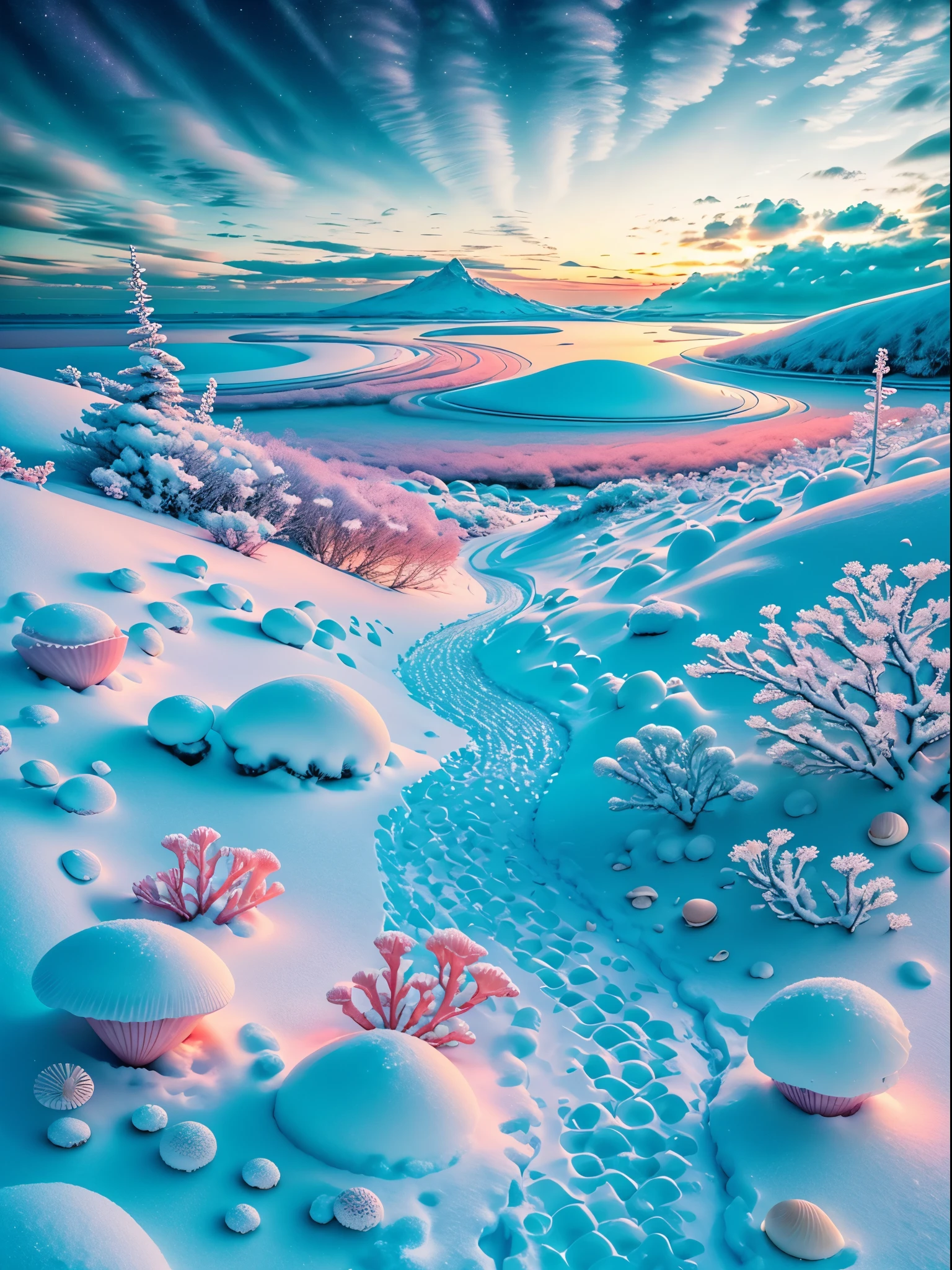 Exquisite scenes，depth of fields，8K，The ivory sky，White clouds，Night light shines on the white snow。snow white coral sea，There are many colorful small shells on the snow，snow rose，Saussurea，aurora borealis