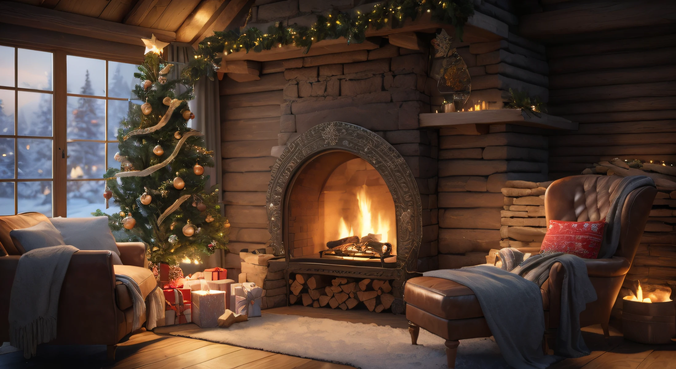 living room with fireplace and Christmas tree in the corner, cozy fireplace, A cozy place, Warm fireplace, Made on the Unreal engine, 8K)), VRAY 8K rendering, fireplace, 8K Vray rendering, cozy environment, VRAY 8K, Cozy enchanted scene, Made on the Unreal engine, Very realistic, Fireplace lighting, unreal engine realistic render