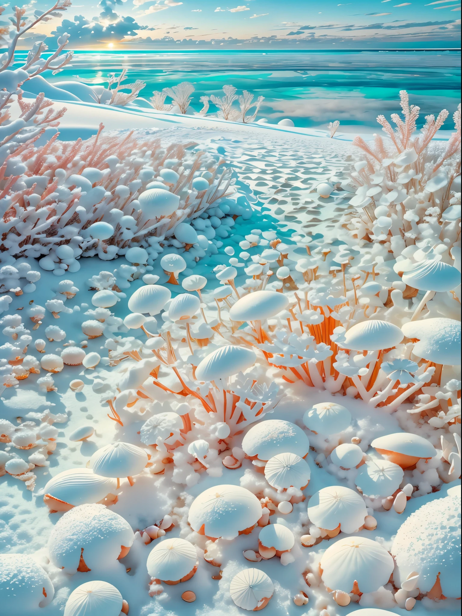 Exquisite scenes,depth of fields,8K,The ivory sky,White clouds,The sun shines on the white snow。snow white coral sea,There are many colorful small shells on the snow,snow rose,snowflower,
