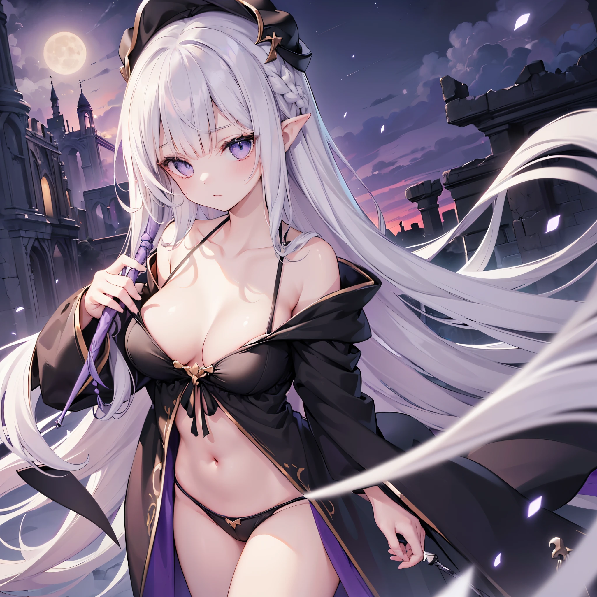 (8K, Best quality, tmasterpiece:1.2),\(Eyes detailed\),\(facial feature\),(\(Clothes detail details\)\),upper part of body(surface focus) ,Very detailed CG unified 8k wallpaper,hugefilesize,ultra - detailed,A high resolution,Huang Li,beautidful eyes,Ray traching,dramatic shadow,Detailed pubic hair,dramatic angles,hyper-detailing,(1 girl:1.3),(Alone),,(change:1.2),Flaxen yellow hair,With gray eyes,long and pointed ears,A Necromancer,Thin,smallunderboob,flatchest,The faintly visible collarbone,vaguely visible ribs,(Wearing a large black hooded cloak:1.2)+(Gray mage robes:1.2),fitted robe.Holding skull scepter in hand,(at night),full moon,The ruins of a Western-style mansion in the background,Purple morning glories on the ruins wall