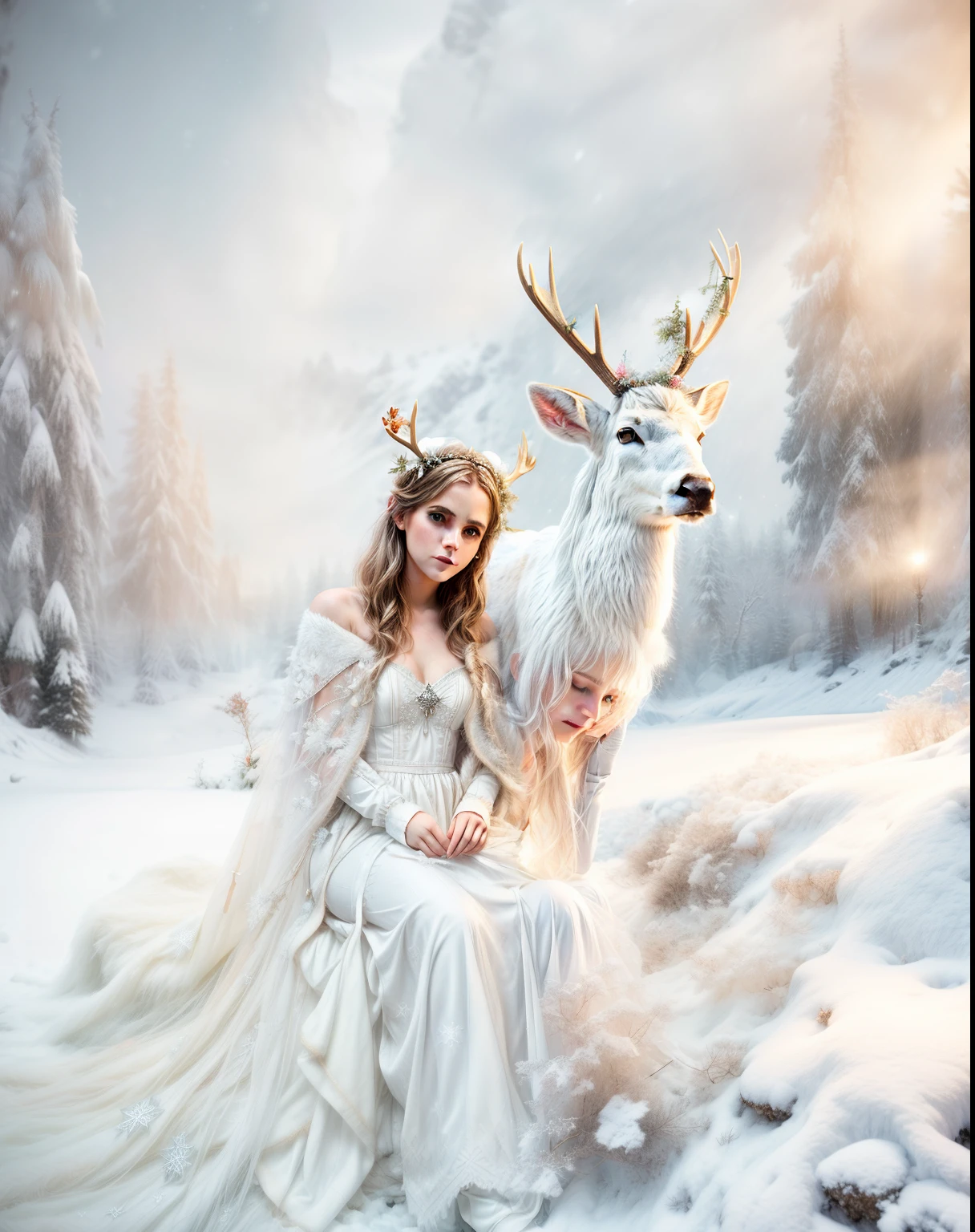 (Girl sitting in white++++++ dress with reindeer in the snow), (((((a cape made of deer skin falls from the shoulder into the foreground+++++))))), ((((the cape transitions smoothly into a snowdrift: 1,75 )))))), (put the deer's head on its side+++), (((graceful horns on the head))), Fantasy photography, fantasy matte painting, ((((Volume++)))), lost in a dreamy fairy landscape, The White Witch, Young woman with horns, beautiful nordic woman, with white deer, Realistic fantasy, photograph of pale ivory skin, Monia Merlo Placeholder Image, emma watson as the queen of ice