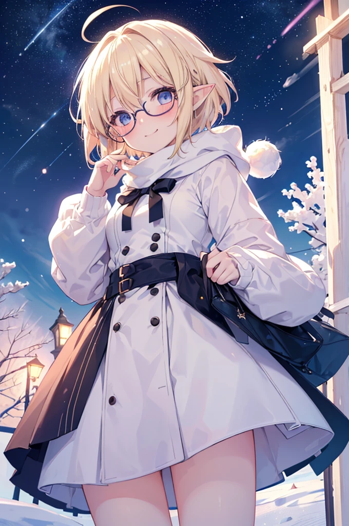 ultra detailed, best quality, high resolution, ((1girl)), ((12 years old)), from below, pale skin, petite, (blonde hair), (very short hair), (ahoge:1.3), (glasses), pointy ears, (blush:1.2), blue eyes, medium breasts, happy smile, winter clothes, (snowy), snowman:1.5, (night sky), ((star night))