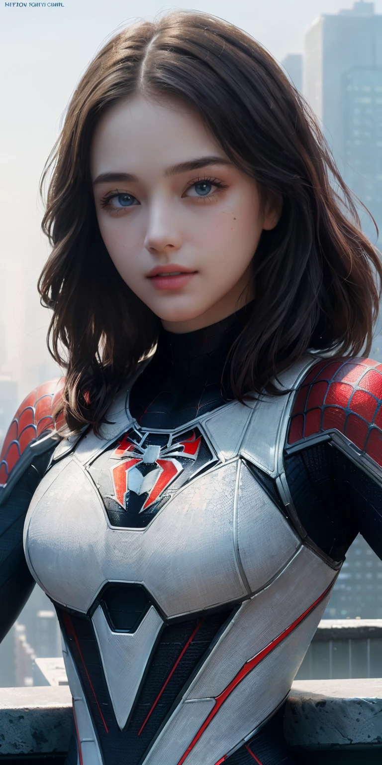 (1girl:1.3), Solo, (((Very detailed face)))), ((Very detailed eyes and face)))), Beautiful detail eyes, Body parts__, Official art, Unified 8k wallpaper, Super detailed, beautiful and beautiful, beautiful, masterpiece, best quality, original, masterpiece, super fine photo, best quality, super high resolution, realistic realism, sunlight, full body portrait, amazing beauty, dynamic pose, delicate face, vibrant eyes, (from the front), She wears Spider-Man suit, red and black color scheme, spider, very detailed city roof background, rooftop, overlooking the city, detailed face, detailed complex busy background, messy, gorgeous, milky white, highly detailed skin, realistic skin details, visible pores, clear focus, volumetric fog, 8k uhd, DSLR, high quality, film grain, fair skin, photo realism, lomography, futuristic dystopian megalopolis, translucent
