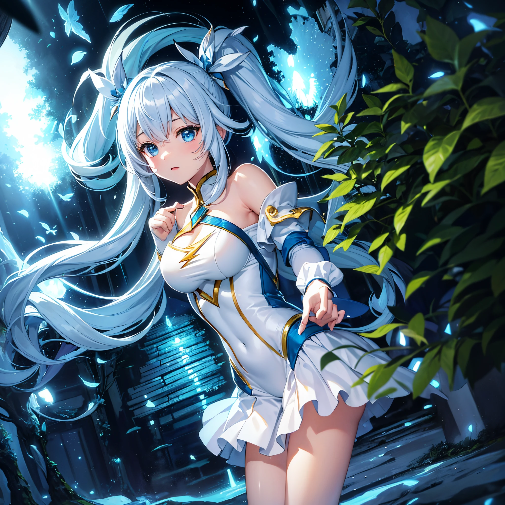 ((ultra-detailliert)), ((Best Illustration)), ((Movie Lighting)), Dynamic Angle, floating, Fine, (The Flash: 1.2), (shine: 1.2), (shine: 1.2), "(Best Quality), Super detailed depiction of a beautiful girl, White and yellow costume、Light blue long hair、Hairstyle is Twintails、 In the colorful forest、Surrounded by snow-white owls and vivid vegetation.", Cinematic, Refreshing, essence, Rim Lights, Scattering