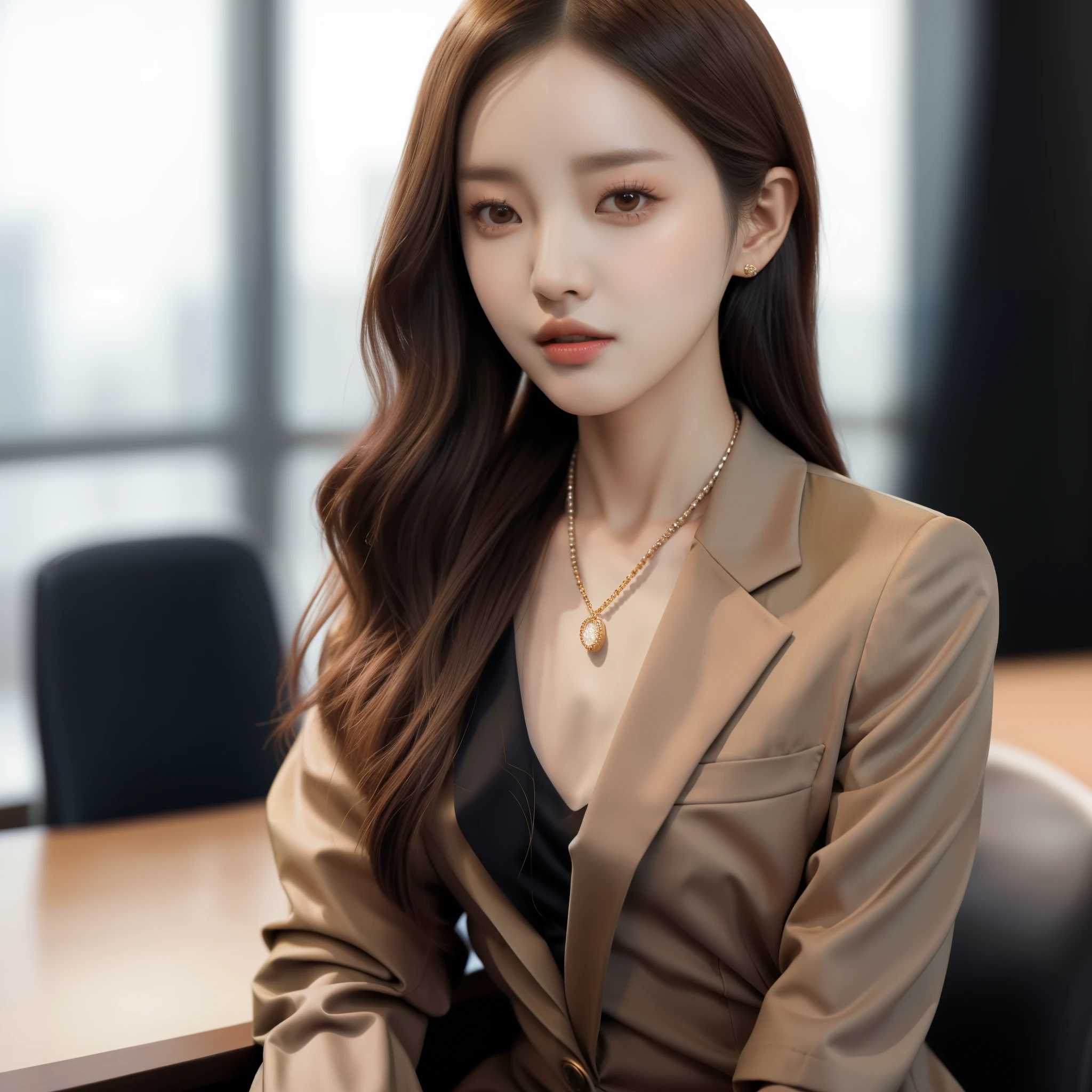 Araf woman in tan suit sitting at table, girl in a suit, girl in a suit, Nam Jae-yeon, dressed in a suit, Portrait of a Korean female idol, Korean girls, Huang Shishi, Korean female fashion model, Wearing a stylish suit, Lee Ji-eun, lee ji eun, Yoo Lee Ji Eun plays the supervillain