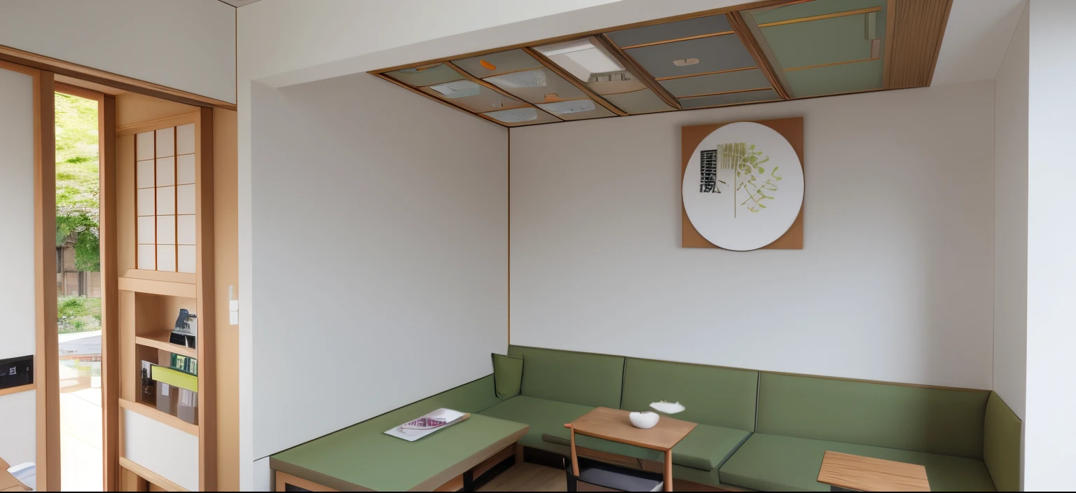 Cafe , japanese style, matcha product , seating and desk , modern , loft