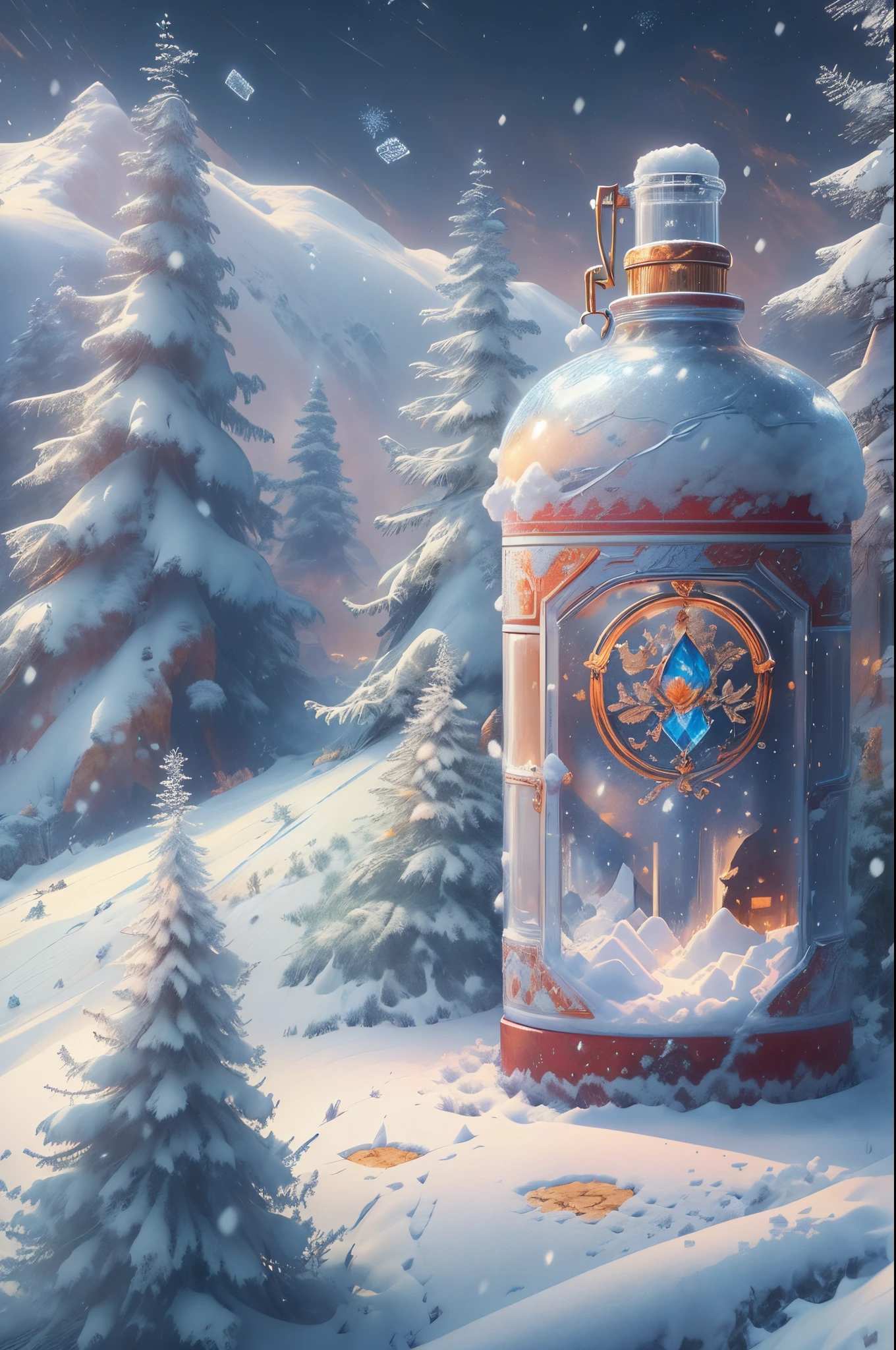 There is a snow bottle on the snow，There are white snow and snowflakes made of clear crystal inside，digital painting very detailed，highly detailed digital painting，Detailed painting 8K，Anime art wallpaper 8K，very detailed digital painting，beautiful digital painting，A beautiful artistic illustration，Beautiful digital artwork，beautiful art ultra hd，8K， very detailed illustration
