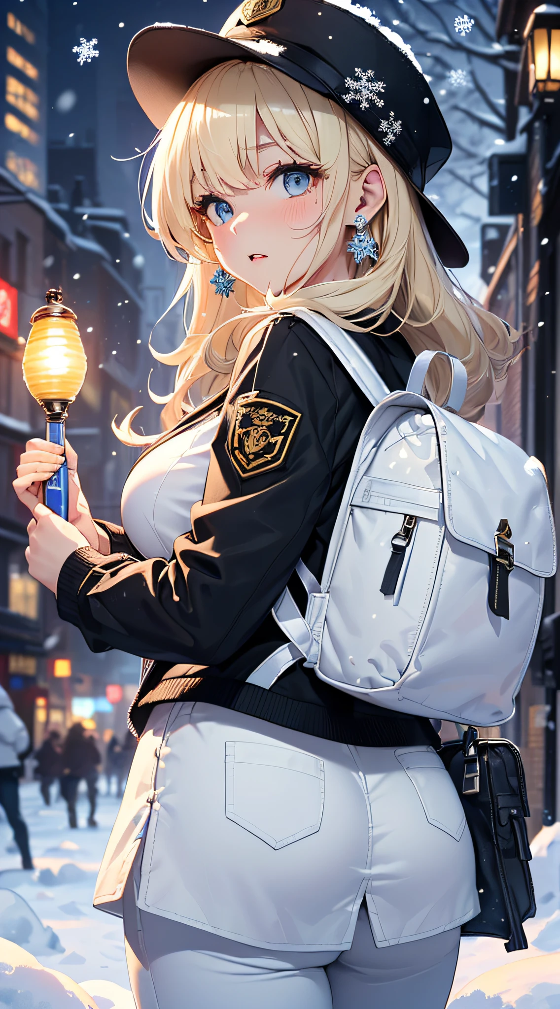 top-quality、Top image quality、​masterpiece、Android Girl((Black body、sixteen years old、teen ager、cute little、Best Bust、big bast,Beautiful light blue eyes、Breasts wide open, a blond、A slender,Large valleys、belligerent movements,military backpack、dye one's cheeks red、shivering、sapphire earrings、Leaning forward、holding lantern、close to viewer、White breath、)),hiquality、Beautiful Art、Background with((Ice Burn City at night、snowflakes falling、Heavy snow falls、snowman、ice tower)))、masutepiece、depth of fields,8K