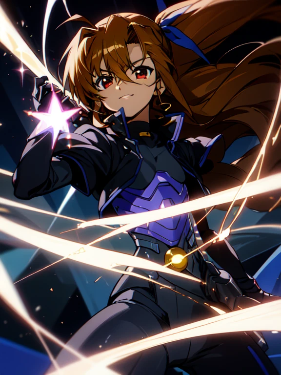 (Dark skin otokonoko), cute,(1 boy) very long dark brown hair, red eyes, (flat chested) wearing (Magical Girl Lyrical Nanoha StrikerS: Vivio Takamachi black barrier jacket black armoured bodysuit), black gauntlets, cute smile, close up, Magic crystal, blue sky background,