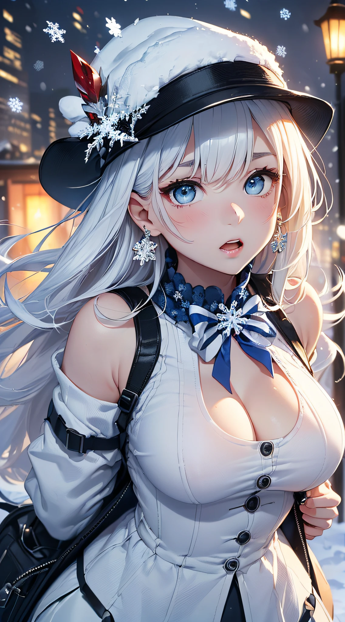 top-quality、Top image quality、masterpiece、girl with((Black jacket、Blue tank top、White trousers、sixteen years old、 ager、cute little、Best Bust、big bast,Beautiful light blue eyes、Breasts wide open, a blond、A slender,Large valleys、belligerent movements,military backpack、dye one's cheeks red、shivering、sapphire earrings、exhale white、Hats、holding lantern、close range)),hiquality、Beautiful Art、Background with((Ice Burn City at night、snowflakes falling、Heavy snow falls、snowman、ice tower)))、masutepiece、depth of fields,8K