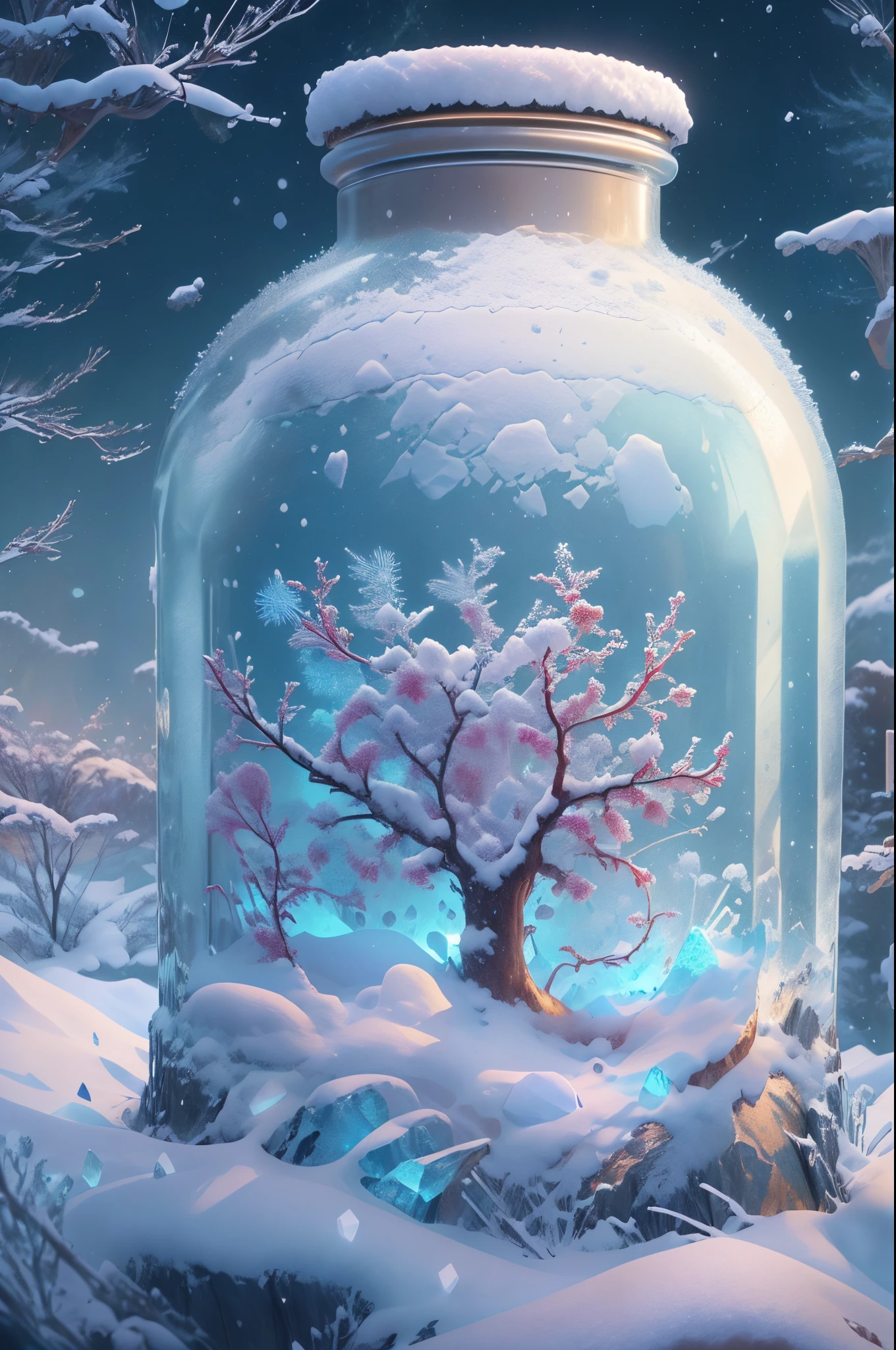 There is a bottle on the snow，There are white snow and snowflakes made of clear crystal inside，digital painting very detailed，highly detailed digital painting，detailed painting 4 k，Anime art wallpaper 4k，Anime art wallpaper 4k，Anime art wallpaper 8K，very detailed digital painting，beautiful digital painting，A beautiful artistic illustration，Beautiful digital artwork，Beautiful Art Ultra HD 4K， very detailed illustration