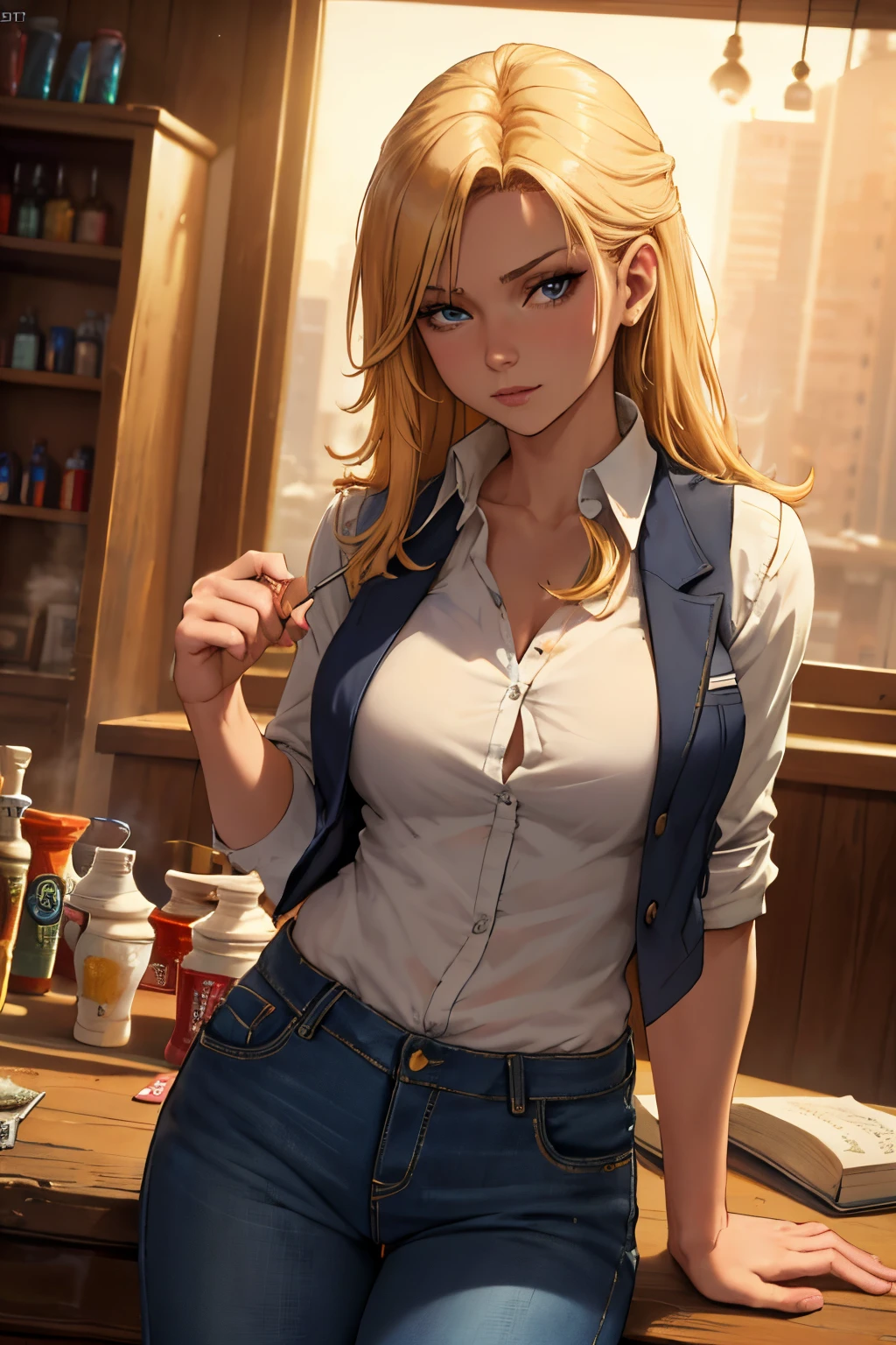 A young blonde-haired gambler cowgirl in the wild west Texas wearing a shirt, a vest and jeans at a poker game:
(best quality,4k,8k,highres,masterpiece:1.2), ultra-detailed, (realistic,photorealistic,photo-realistic:1.37), HDR, UHD, studio lighting, ultra-fine painting, sharp focus, physically-based rendering, extreme detail description, professional, vivid colors, bokeh, portraits, landscape, horror, anime, sci-fi, photography, concept artists, vibrant color palette, warm-toned lighting