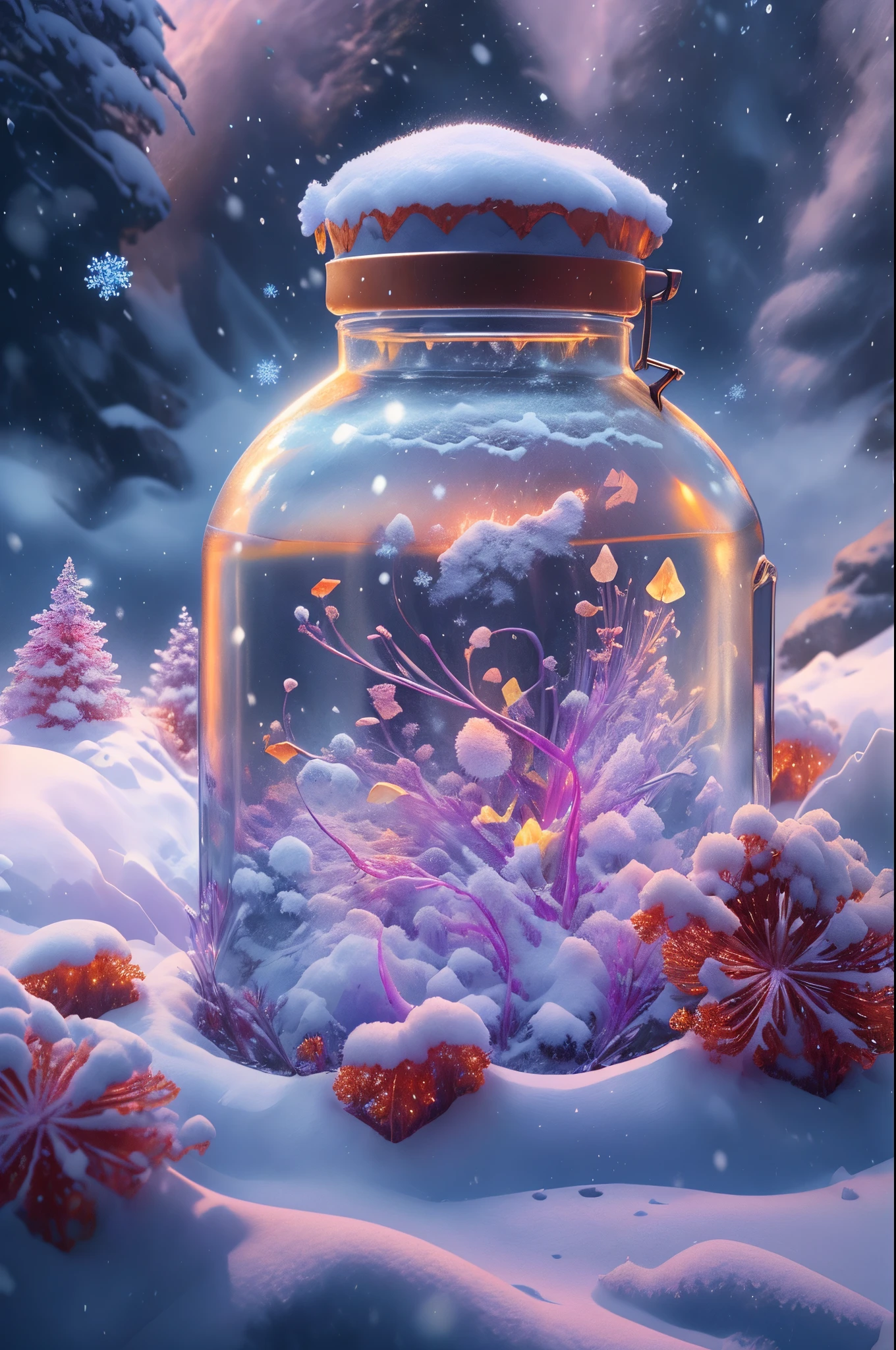 There is a snow bottle on the snow,There are white snow and snowflakes made of clear crystal inside,digital painting very detailed,highly detailed digital painting,Detailed painting 8K,Anime art wallpaper 8K,very detailed digital painting,beautiful digital painting,A beautiful artistic illustration,Beautiful digital artwork,beautiful art ultra hd,8K, very detailed illustration