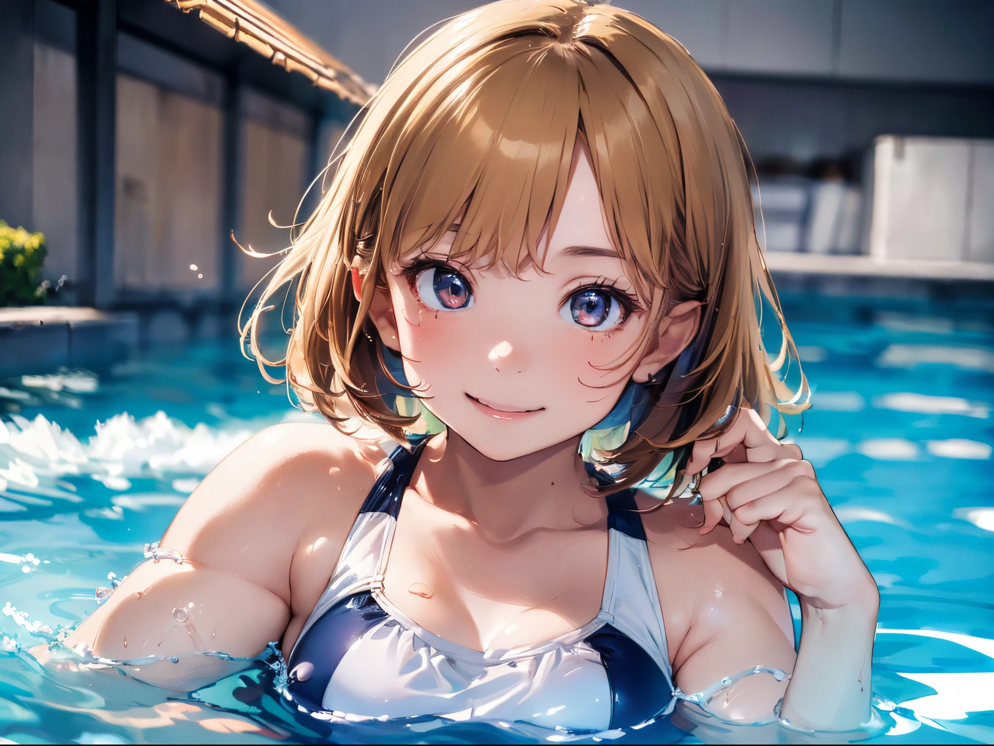 masterpiece (Best quality), ultra-detailed, girl naked, eye quality optimization, high quality drawing of eyes, optimization of the quality of drawing the body, ultra-detailed nipples, in a Japanese pool, next to it is a bench with clothes