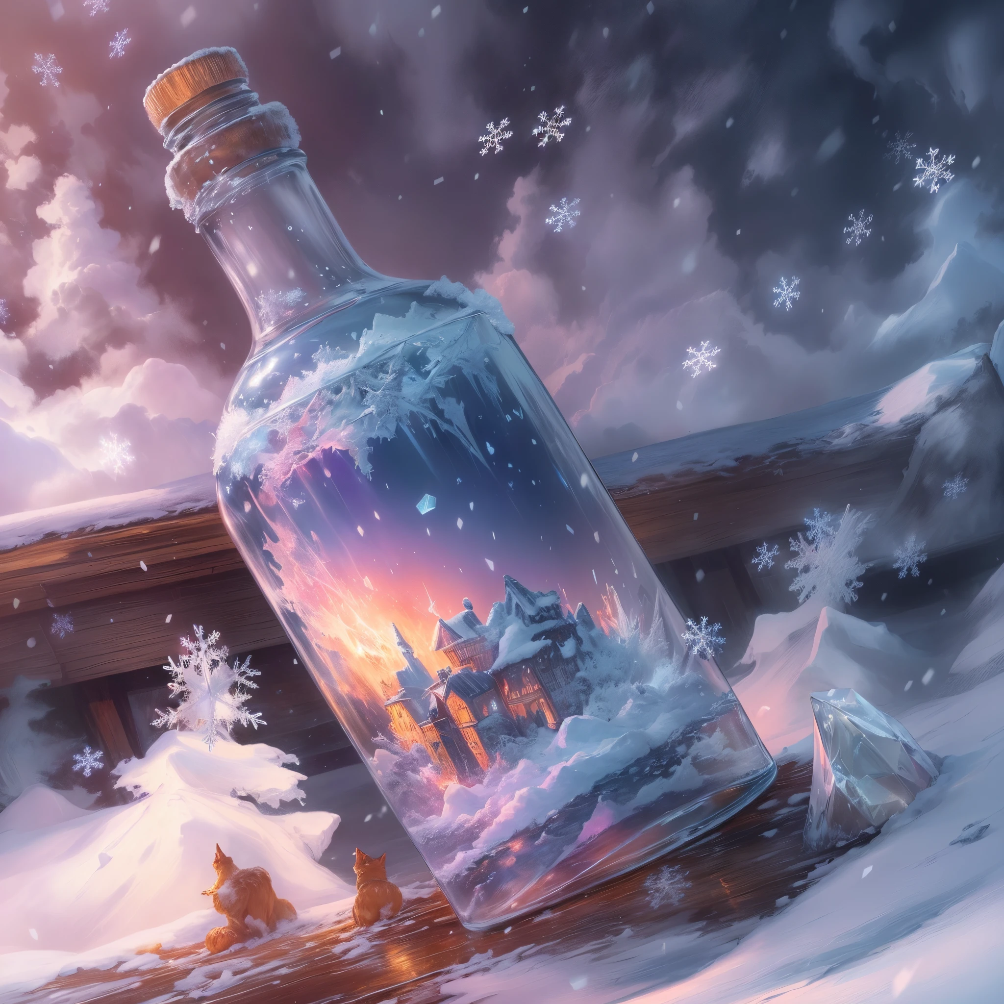 There is a bottle on the snow，There are white snow and snowflakes made of clear crystal inside，digital painting very detailed，highly detailed digital painting，detailed painting 4 k，Anime art wallpaper 4k，Anime art wallpaper 4k，Anime art wallpaper 8K，very detailed digital painting，beautiful digital painting，A beautiful artistic illustration，Beautiful digital artwork，Beautiful Art Ultra HD 4K， very detailed illustration