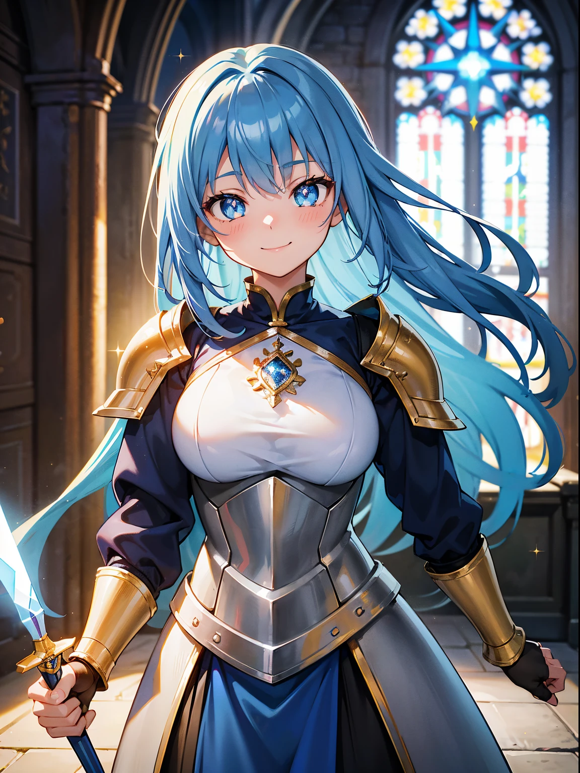 (RAW Photos, Best Quality), (animesque: 1.2), Portrait of an 18 year old woman with blue hair, Blue eyes, (sparkling pupils), Female Knights in Fantasy Worlds, red breastplate mail, yellow dress armor, (daggers), Smiling smile, church background, Background blur, The depth of field is shallow, Professional Lighting, Photon mapping, Physically Based Rendering,
