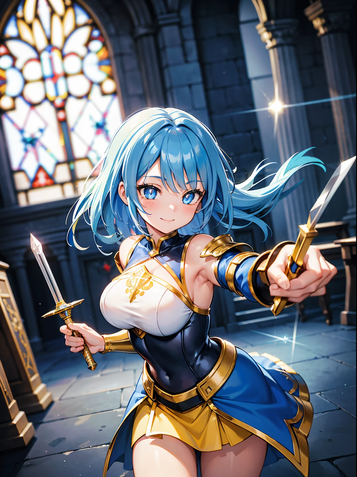 (RAW Photos, Best Quality), (animesque: 1.2), Portrait of an 18 year old woman with blue hair, Blue eyes, (sparkling pupils), Female Knights in Fantasy Worlds, red breastplate mail, yellow dress armor, (daggers), Smiling smile, church background, Background blur, The depth of field is shallow, Professional Lighting, Photon mapping, Physically Based Rendering,