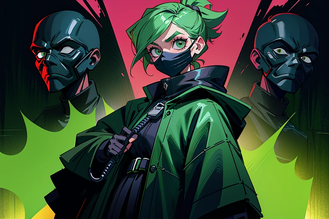 A girl wearing a bank robber style outfit wearing a black poncho with a touch of emerald green wacky hair wearing a black mask with pockets all over the outfit. A full length criminal holding a whip., facing the camera, high character concept art