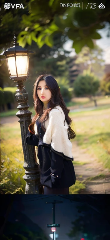 there is a woman standing next to a lamp post in a park, by Riza Abbasi, photo taken with canon 5d, photo taken with nikon d 7 5 0, photo taken with nikon d750, in a park, kyza saleem, taken with sony alpha 9, graphical, portrait mode photo, khyzyl saleem, faridah malik