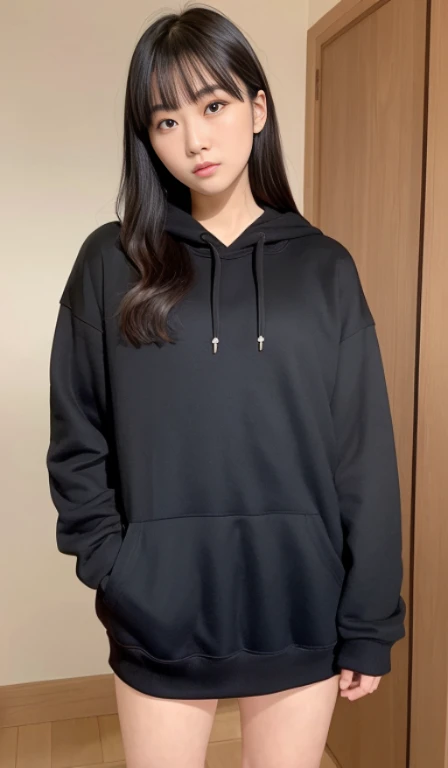 best image quality, 8K, table top, studio photography, japanese girl(16 years old), cute, From above, Rear view, butt, double eyelid, thick eyebrows, trickle, Full body Esbian, frontage, White hoodie on jacket, big and full breasts, T-back, light_smile, black haired, Curly Bobcat, Blue background,