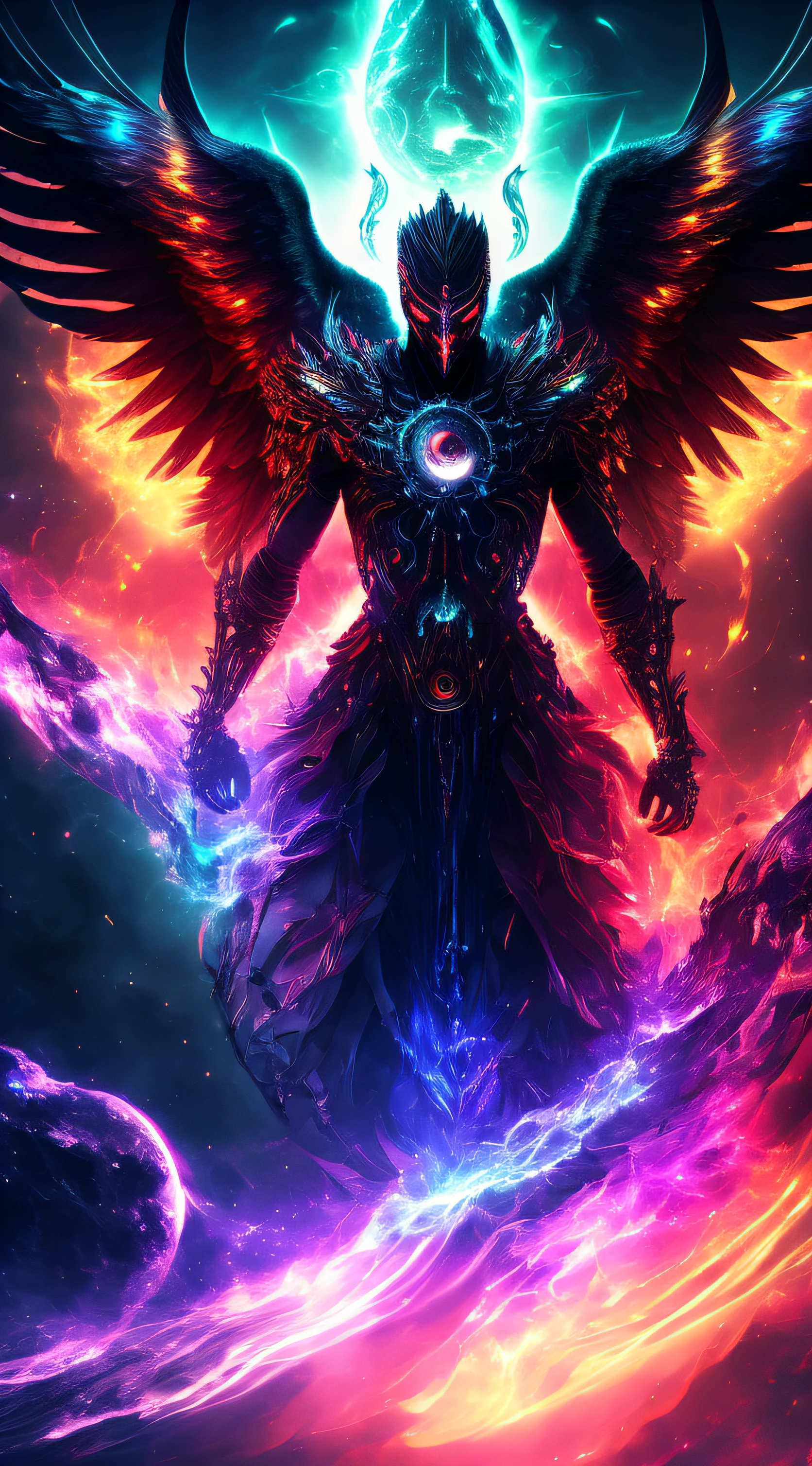 fallen angel of the universe, Eyes sparkle, Biomechanicals, eerie, crawling, nightmare, The colors are very vivid, Light particles, when the light shines, Mshiv, wallpaper art, ultra HD wallpaper, Fierce war.