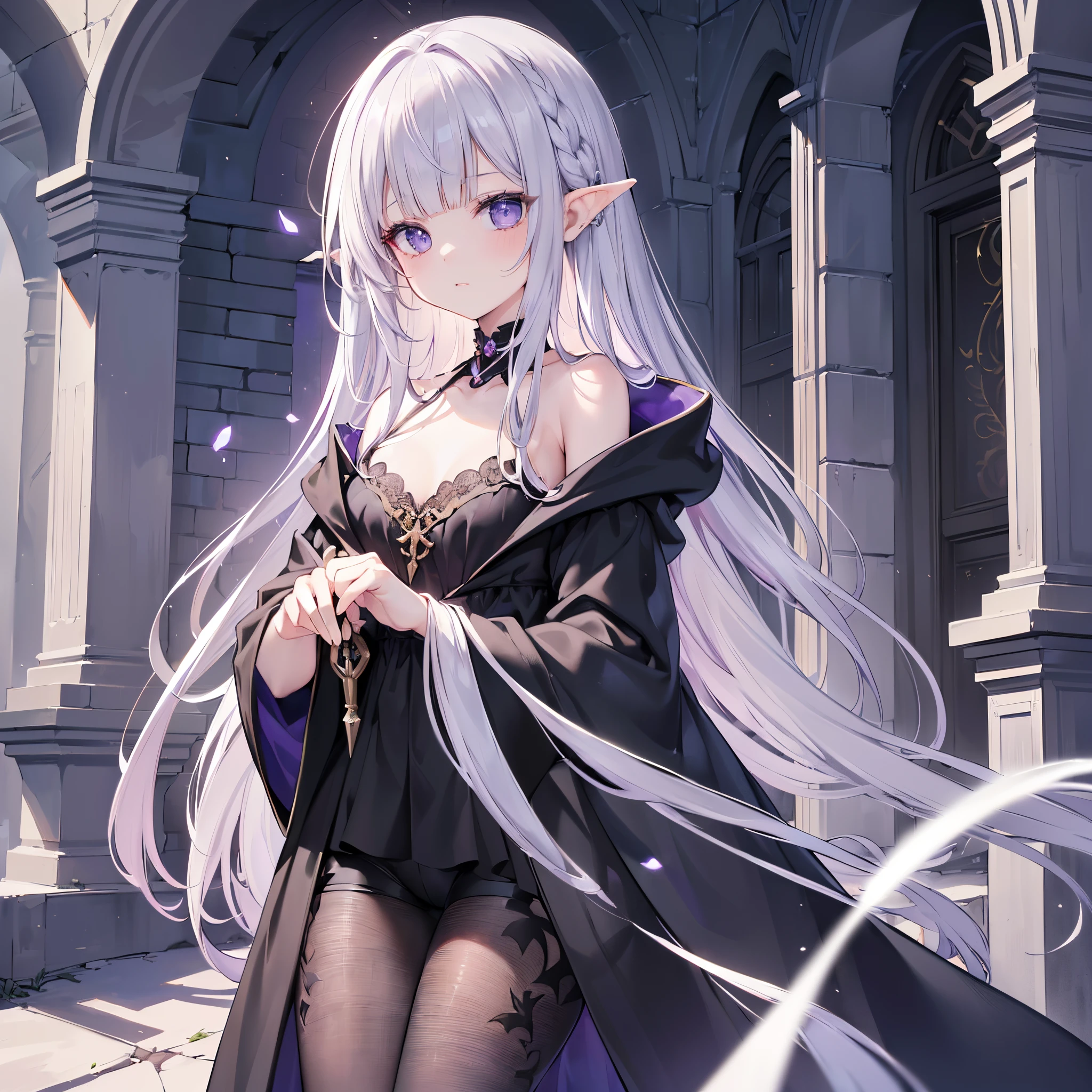 (8K, Best quality at best, tmasterpiece:1.2),\(Eyes detailed\),\(facial feature\),(\(Clothes detail details\)\),Upper part of the body(surface focus) ,Very detailed CG unified 8k wallpaper,hugefilesize,ultra - detailed,A high resolution,Huang Li,beautidful eyes,ray traycing,Dramatic shadows,Detailed pubic hair,dramatic angles,hyper-detailing,(1 girl:1.3),(Alone),,(change:1.2),Flaxen yellow hair,Has gray eyes,long and pointed ears,A Necromancer,thin,flatchest,The faintly visible collarbone,(Wearing a large black hooded cloak:1.2)+(Gray mage robes:1.2).Holding skull scepter in hand,(natta),moon full,The ruins of a Western-style mansion are in the background.,Purple morning glories on the ruins wall,Highly detailed western fantasy background