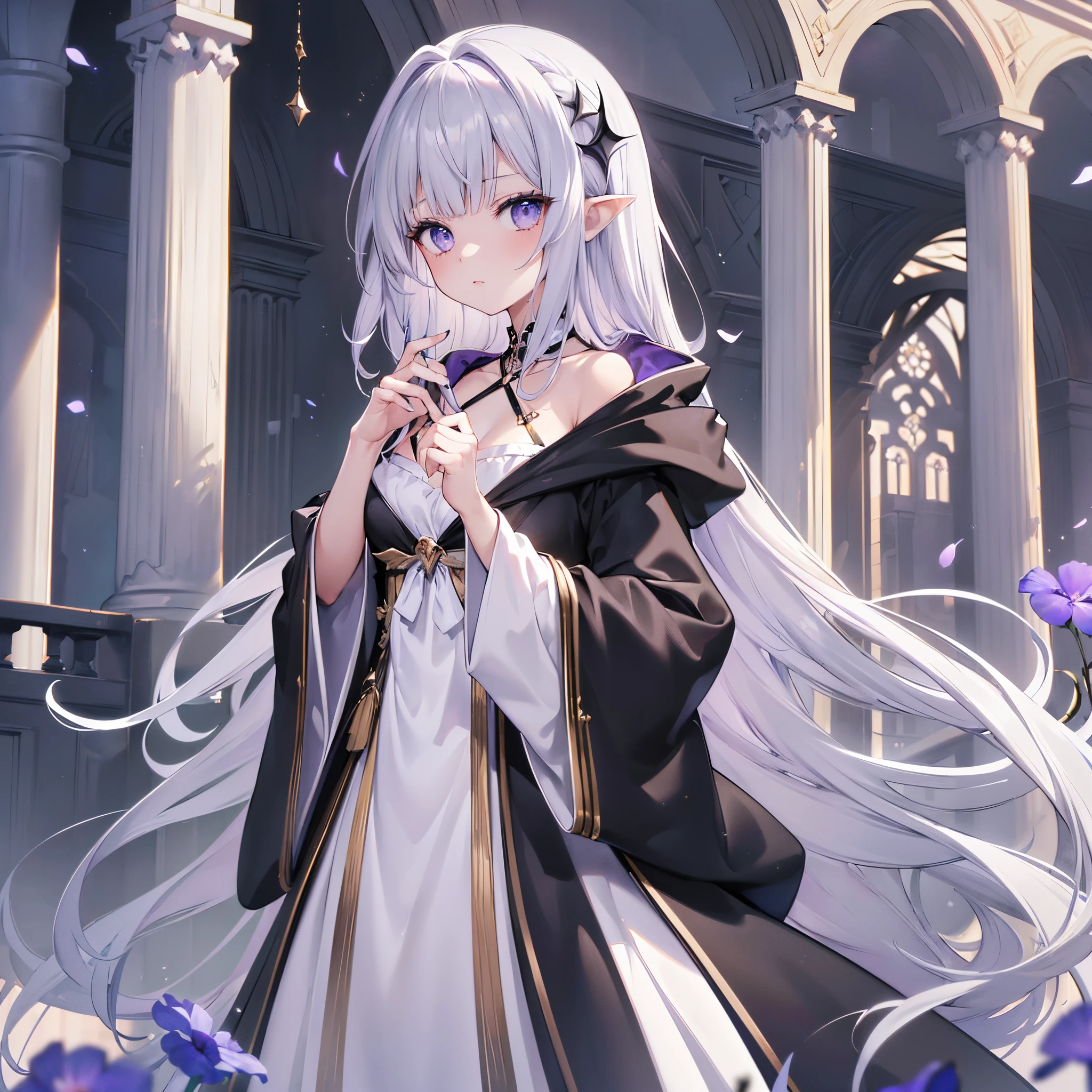 (8K, Best quality at best, tmasterpiece:1.2),\(Eyes detailed\),\(facial feature\),(\(Clothes detail details\)\),Upper part of the body(surface focus) ,Very detailed CG unified 8k wallpaper,hugefilesize,ultra - detailed,A high resolution,Huang Li,beautidful eyes,ray traycing,Dramatic shadows,Detailed pubic hair,dramatic angles,hyper-detailing,(1 girl:1.3),(le girl,(change:1.2),Flaxen yellow hair,Has gray eyes,long and pointed ears,A Necromancer,thin,flatchest,The faintly visible collarbone,(Wearing a large black hooded cloak:1.2)+(Gray mage robes:1.2).Holding skull scepter in hand,(natta),moon full,The ruins of a Western-style mansion are in the background.,Purple morning glories on the ruins wall,Highly detailed western fantasy background