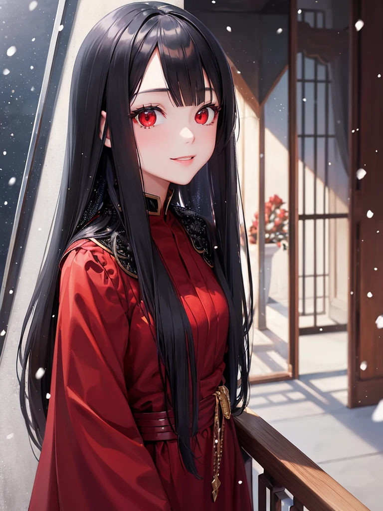 it's snowing, (1 black long hair girl, detailed red eyes:1.3, glossy:1.2 mouth, in a red princess clothing, sexy smile), in the balcony.masterpiece, beautiful detailed grow.