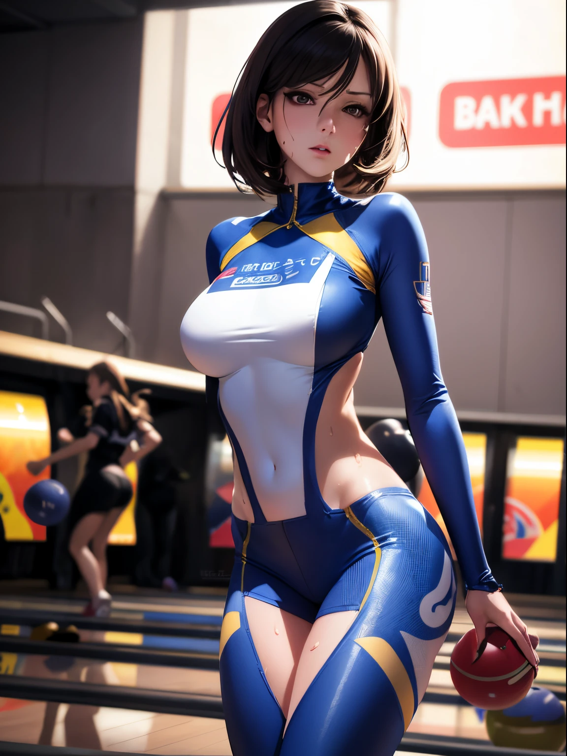 Best Quality, masutepiece,  High resolution, (Anime Heroine Illustration), Anime Paint, 1beautiful girl ,Dynamic Angle,Female bowling players ,small head,Large breasts,nice legs, Glowing skin, Sweat,At the bowling venue ,Detailed beautiful face,Large eyes,detailed hairs,detailed skins,Realistic Skins,Sweat,detailed  clothes,