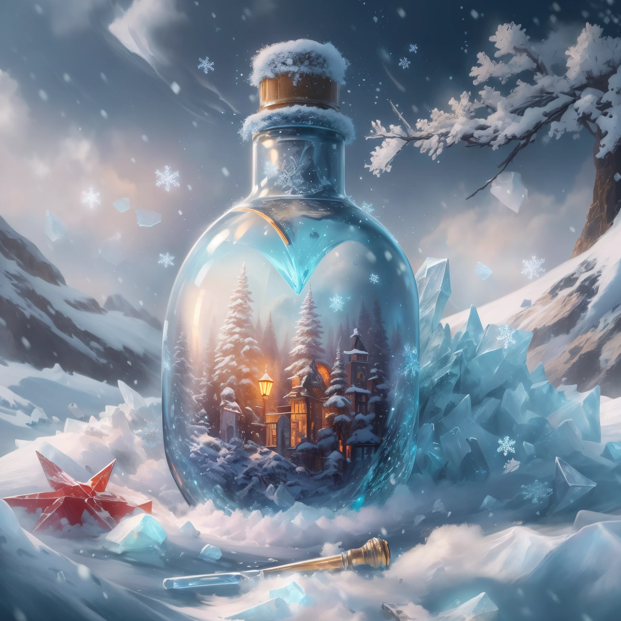 There is a bottle on the snow，Inside there are white snow and snowflakes made of clear crystal，digital painting very detailed，highly detailed digital painting，Detailed painting 4 K，Anime art wallpaper 4 K，Anime art wallpaper 4k，Anime art wallpaper 8k，very detailed digital painting，beautiful digital painting，a beautiful artwork illustration，beautiful digital artworks，Beautiful art UHD 4 K， highlydetailedillustrations