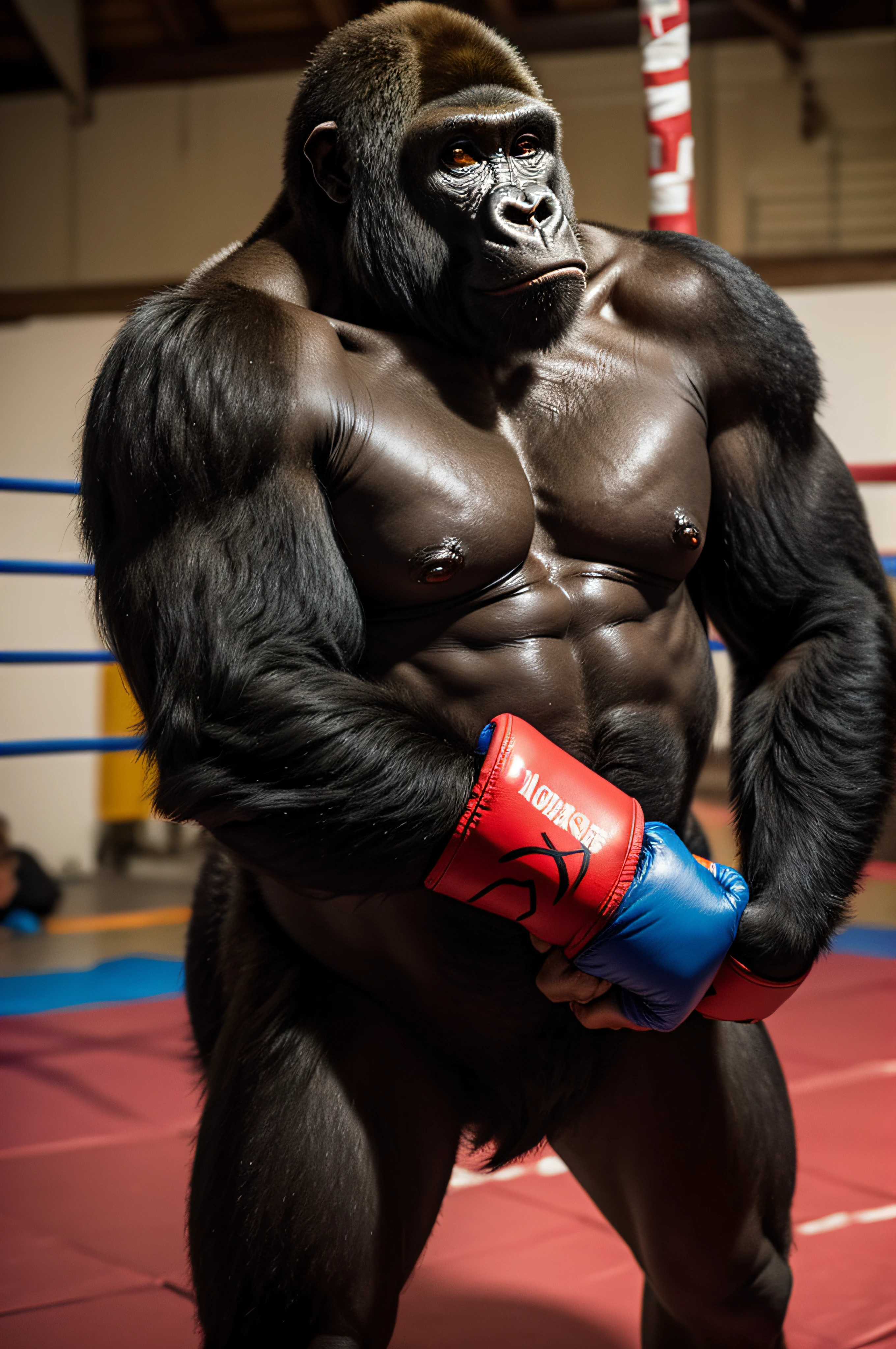 A gorilla doing muay thai