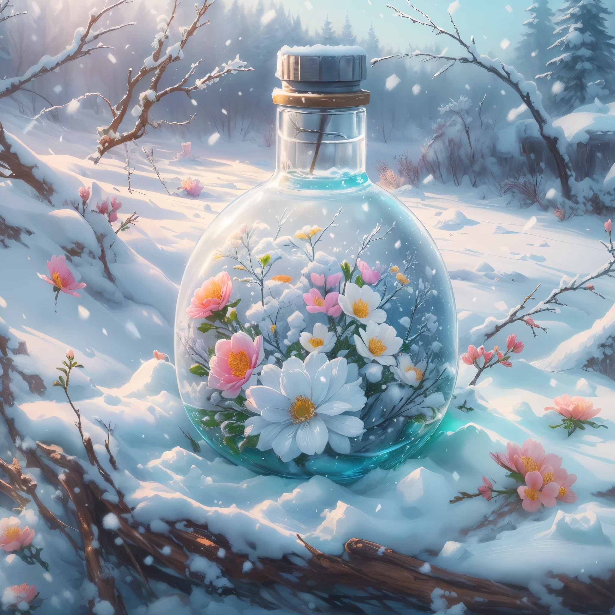 There is a bottle of water on the snow with white snow and flowers made of snow, digital painting very detailed,highly detailed digital painting,Detailed painting 4 K,Anime art wallpaper 4 K,Anime art wallpaper 4k,Anime art wallpaper 8k,very detailed digital painting,beautiful digital painting,a beautiful artwork illustration,beautiful digital artworks,Beautiful art UHD 4 K, highlydetailedillustrations